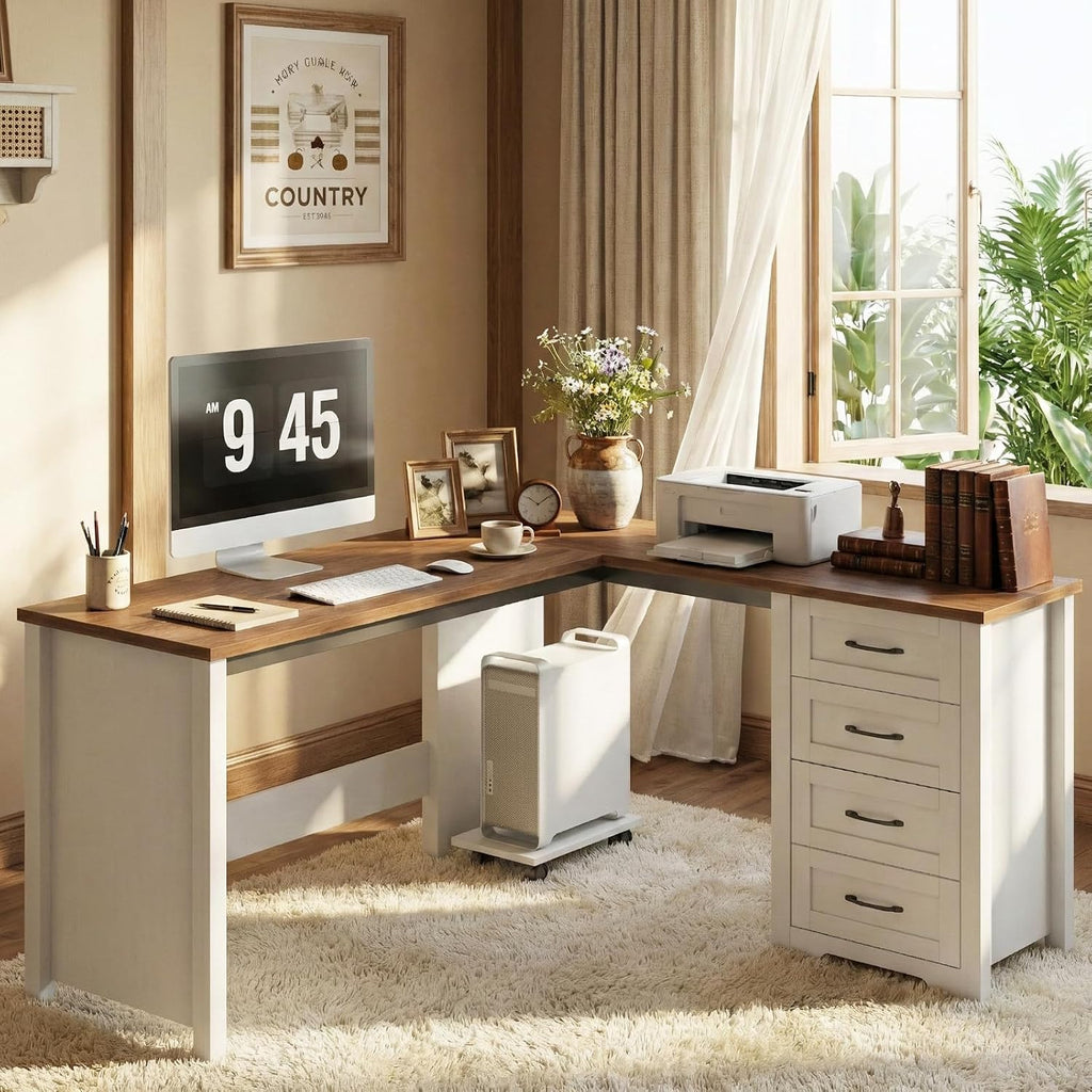 Vabches: 61" Farmhouse L-Shaped Student Study Desk with Drawers & Mobile CPU Mount