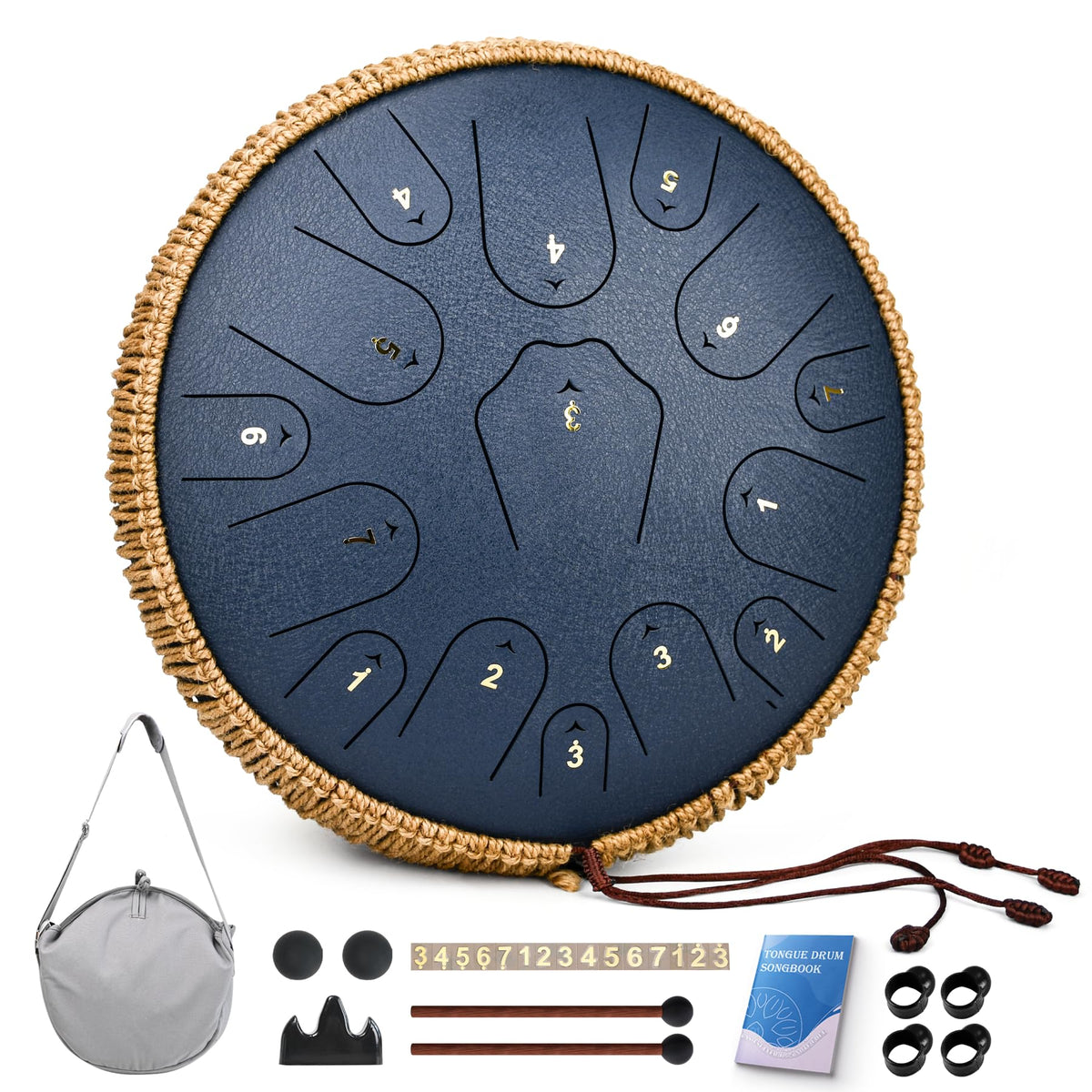 QingShi 14" Steel Tongue Drum — 15-Note C Major Hand Pan with Accessories