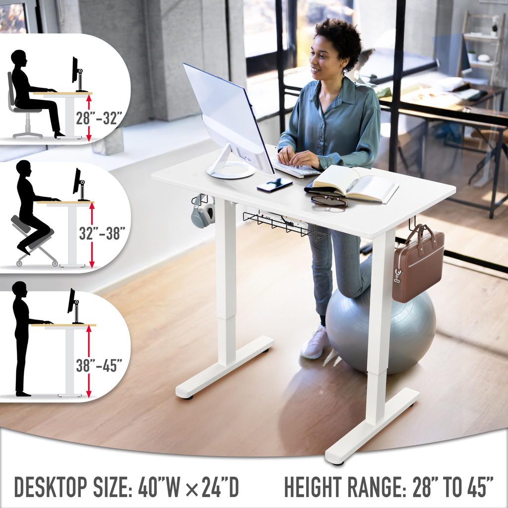 SHW 55 x 28 Electric Height Adjustable Standing Desk w/Drawer, White
