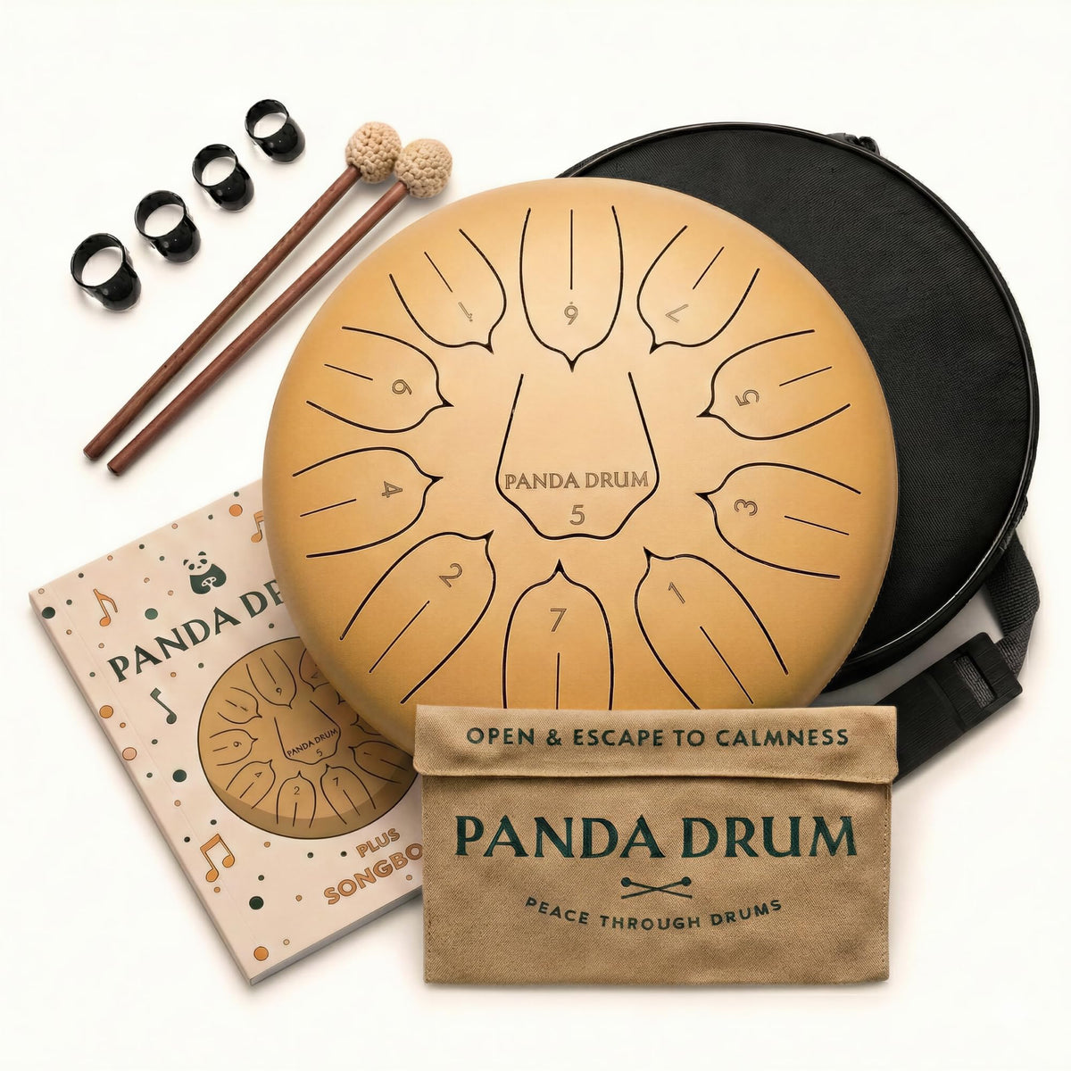 Panda Drum Plus 11" Steel Tongue Drum — Multi-Note Hand Pan with Accessories