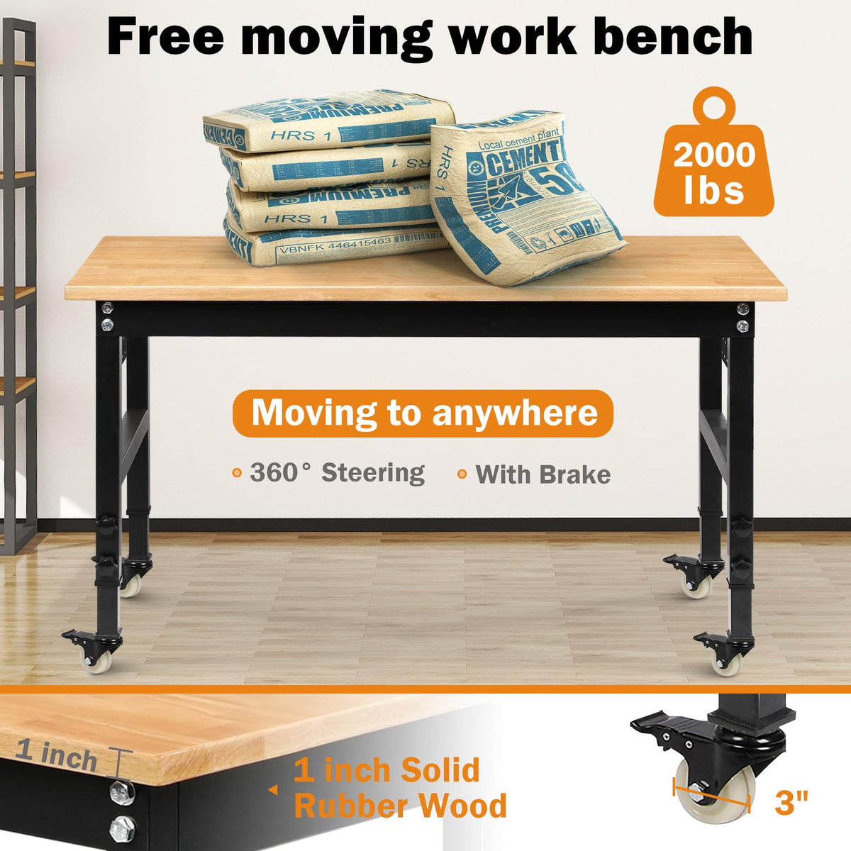 Betterhood 48" Heavy-Duty Adjustable Workbench for Garage, Rubber Wood Shop Table W/Metal Wheels, Hardwood Workstation Weight Capacity Over 2000 Lbs with Wheels
