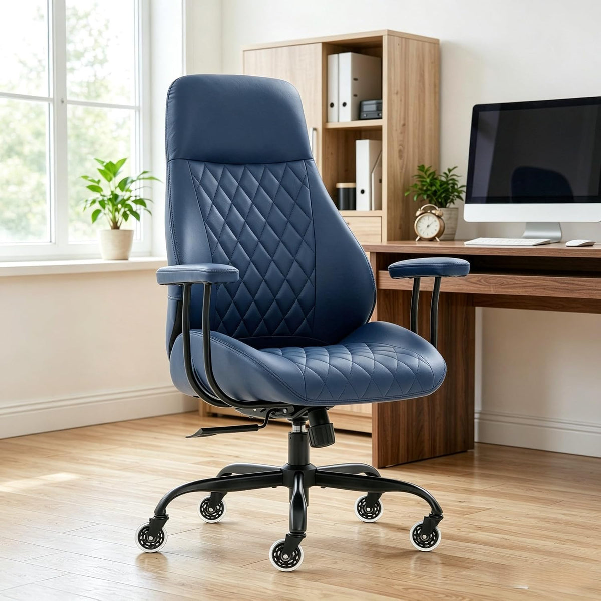 E-Motie Leather Office Chair, Mid Century Modern Desk Chair, Blue