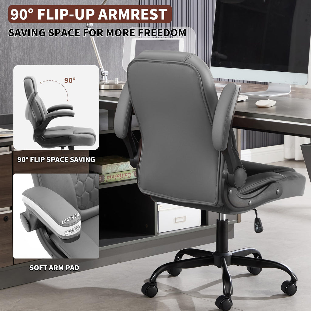 Leather Office Chair Swivel Lumbar Support for Short People Black
