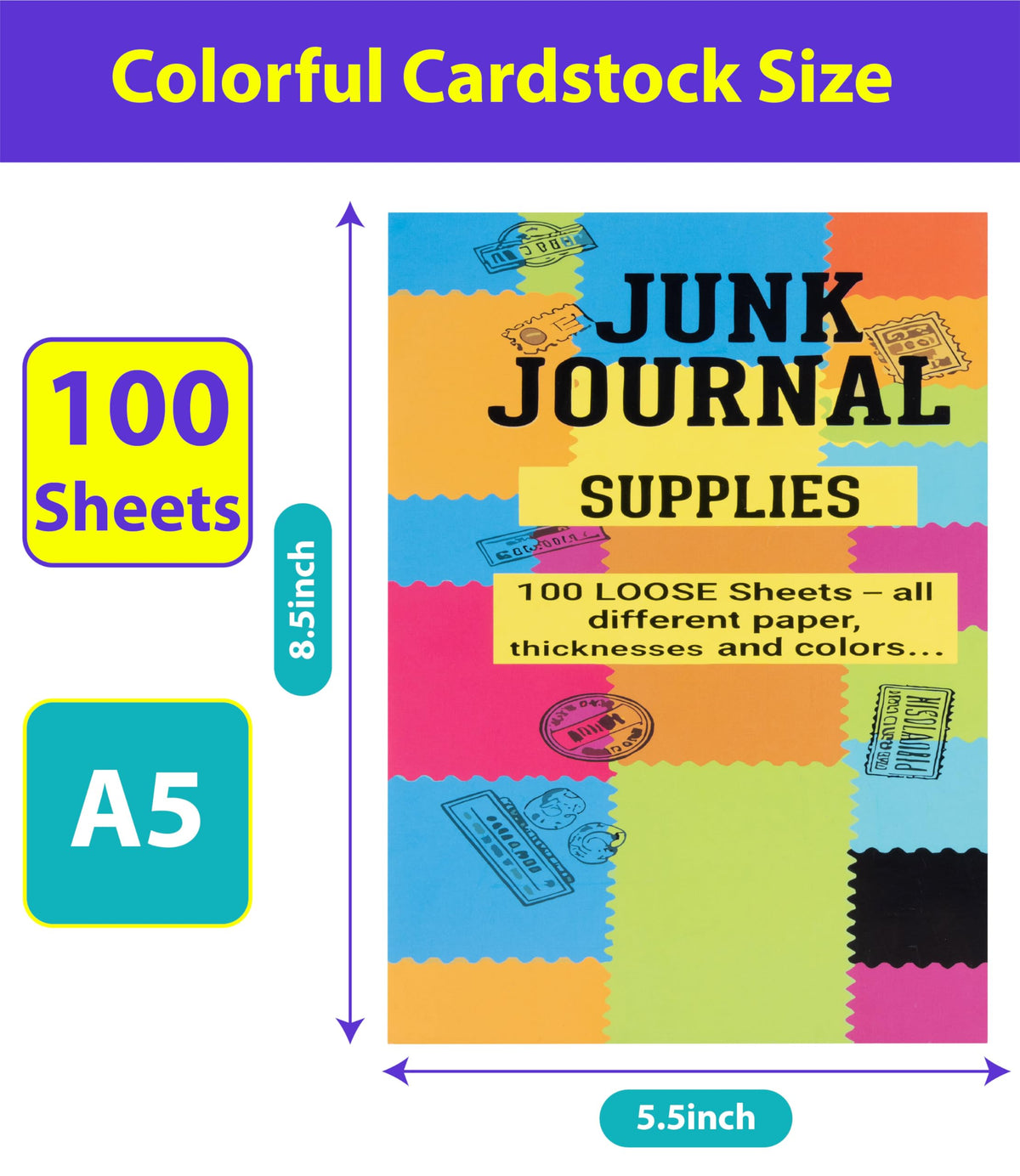 Junk Journal, 8.5x5.5'' Half Letter, 100 Unique Sheets 200 Pages, Journals
