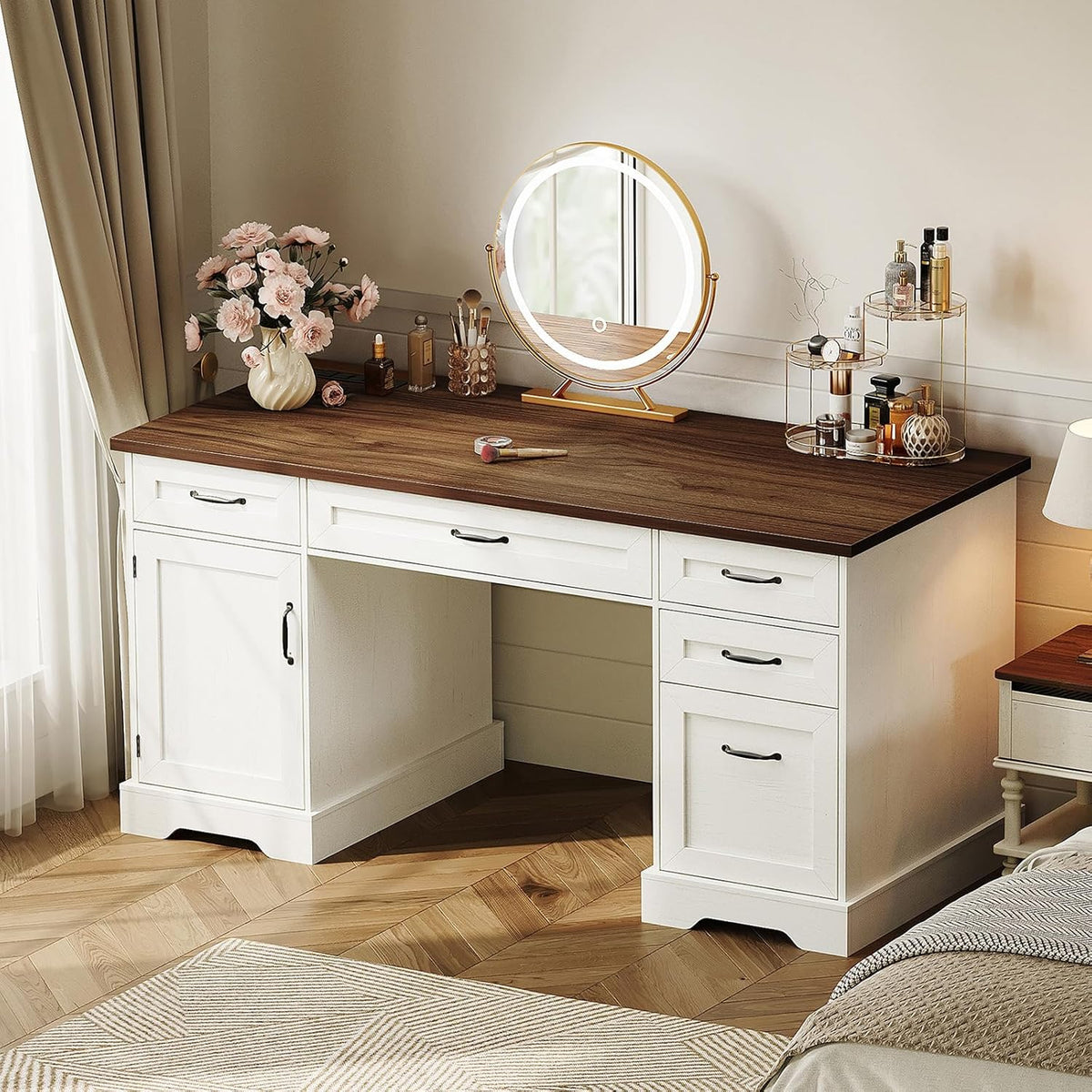 OffiGo Farmhouse 59 Inch Executive Desk with Drawers, Walnut+White