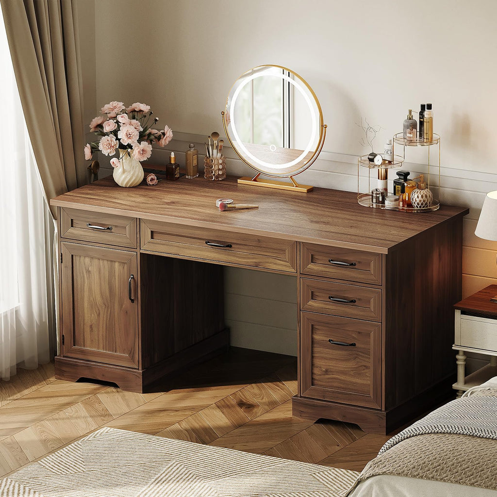 OffiGo Farmhouse 59 Inch Executive Desk with Drawers, Walnut+White