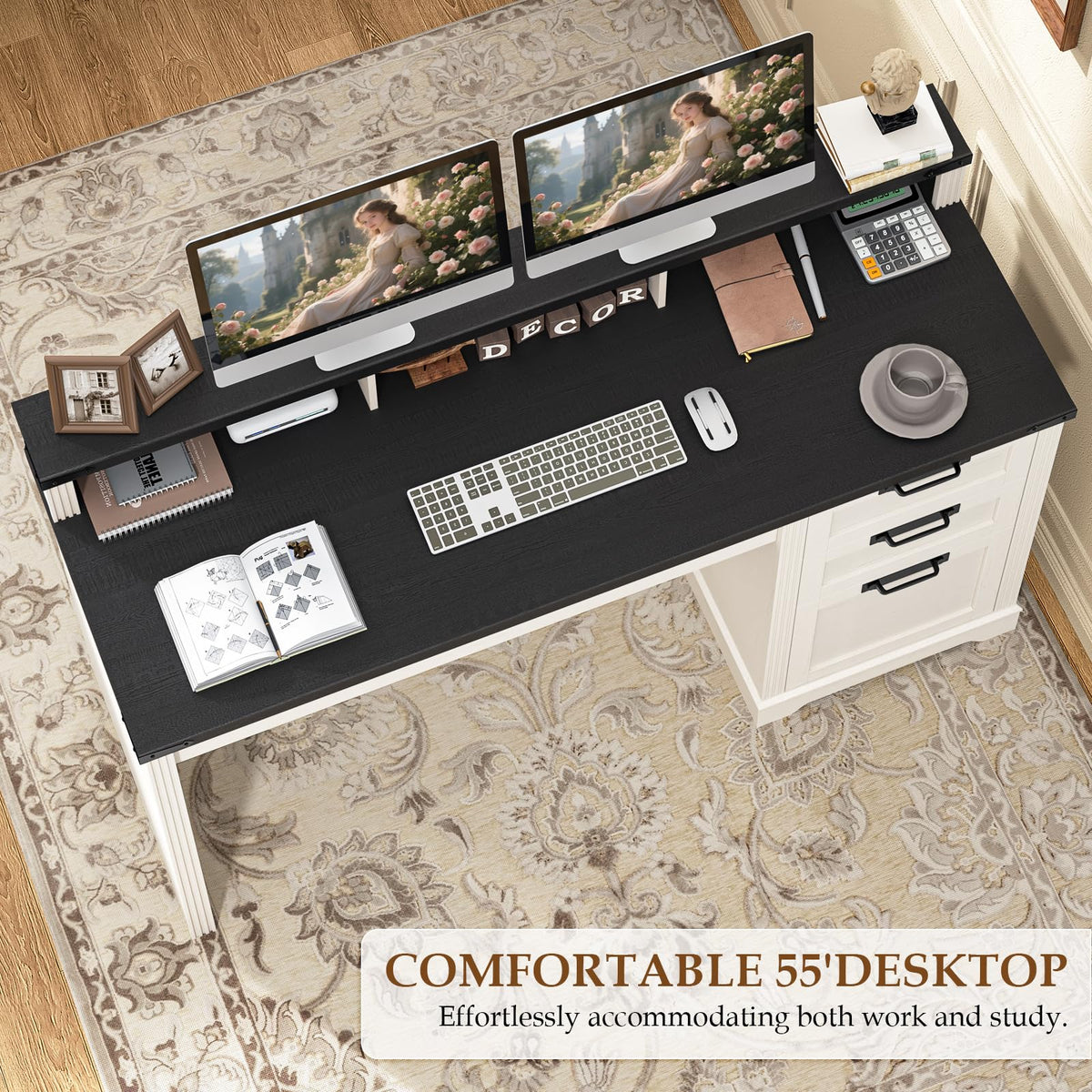 Vabches 51" Executive Desk Farmhouse Home Office Desk with Charging Station, LED Light, File Drawer, Storage Cabinet, Monitor Stand, Wood Computer Desk with Hutch for Work Study Writing (White)