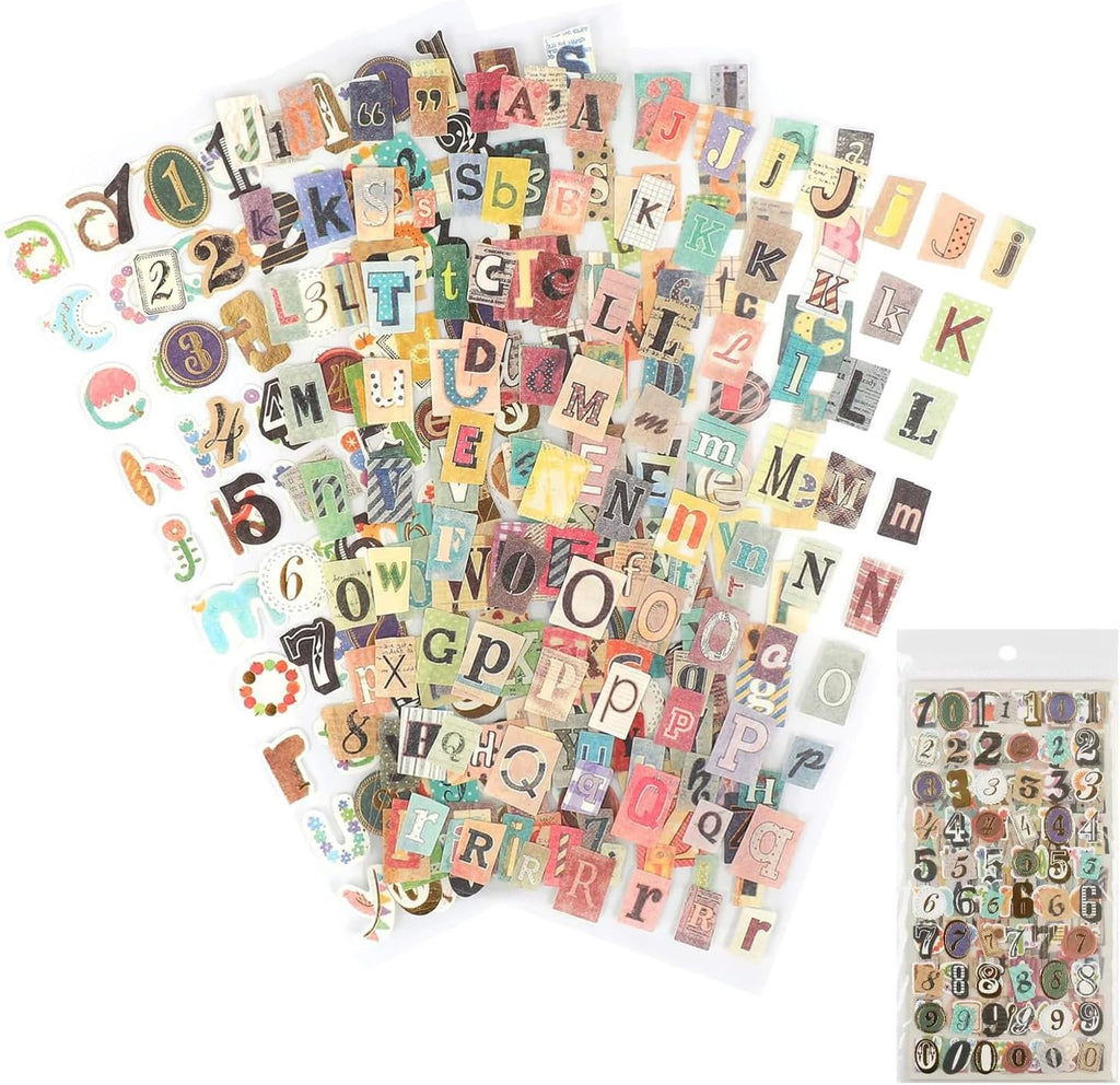 347PCS Vintage Stickers, 6 Sheet Scrapbook Stickers Graffiti, Cute Vintage Letters Numbers Self Adhesive Decals Scrapbooking Supplies for Diary DIY Art Album Paper Crafts (347PCS)