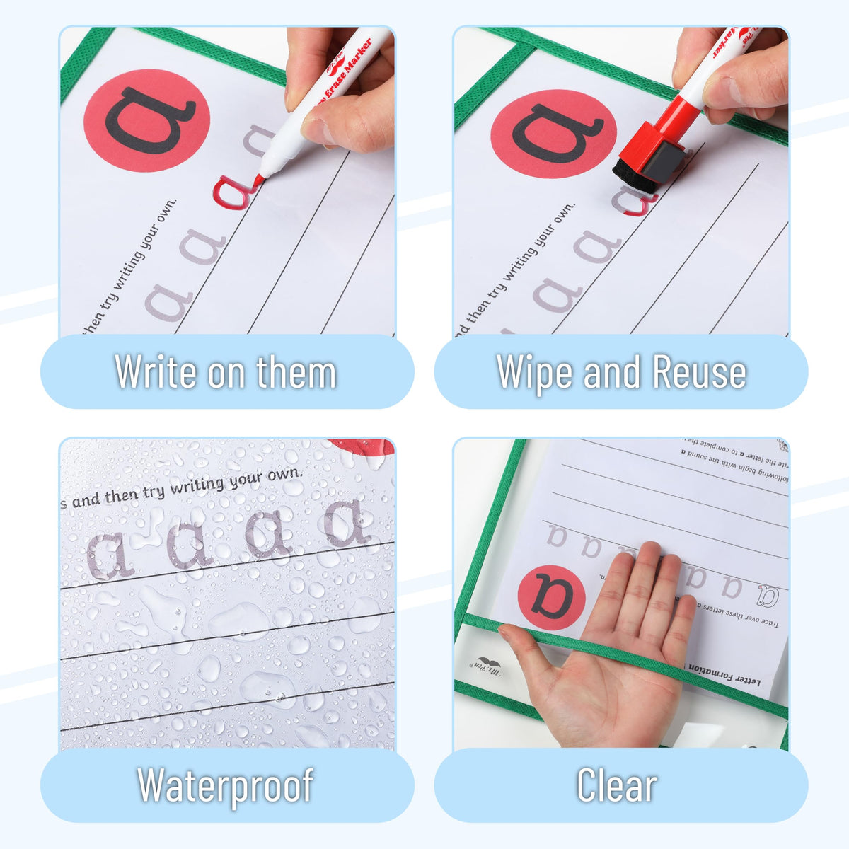 Mr. Pen- Reusable Dry Erase Pocket Sleeves, 10" x 14", 6 Pack, Colorful