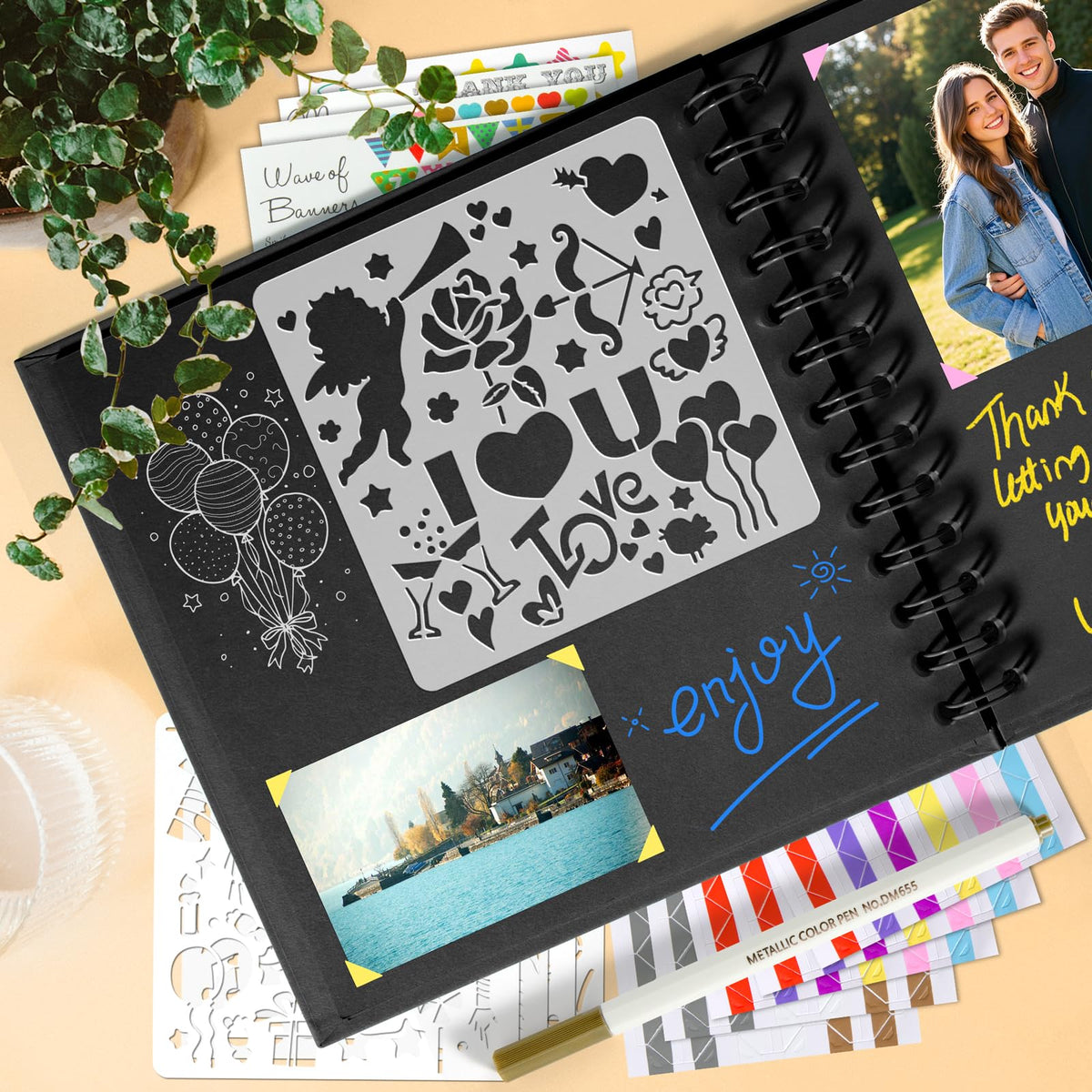 Gotideal 80 Pages Scrapbook Album with 10 Metallic Markers, Black