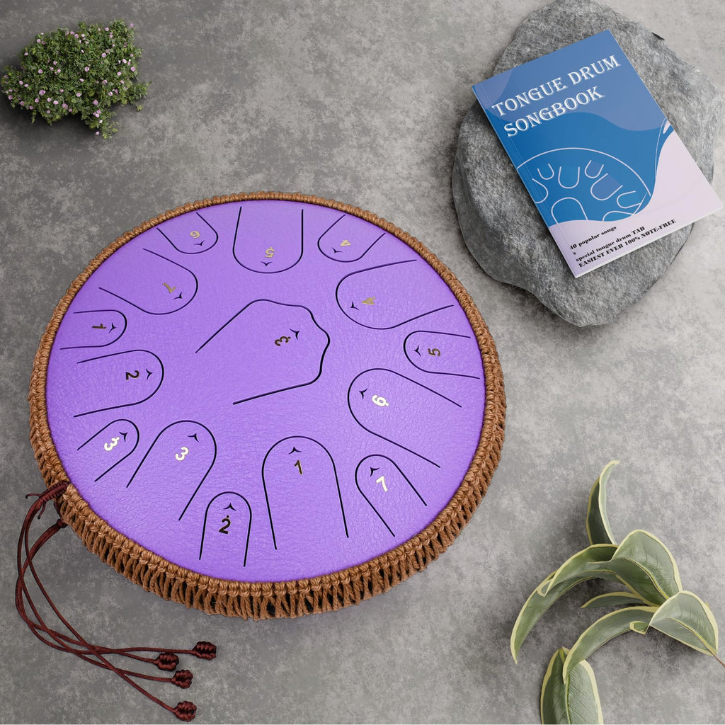QingShi 14" Steel Tongue Drum — 15-Note C Major Hand Pan with Accessories