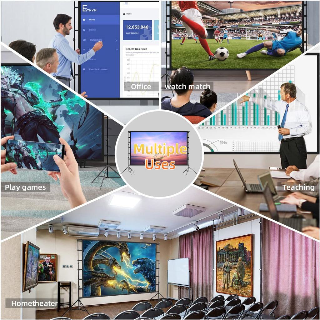 100 Inch Outdoor Projector Screen with One-Piece Telescopic Stand, Wrinkle-Resistant 4K HD Movie Screen for Backyard, Camping and Indoor Home Theater (Fits Long Throw Projectors)