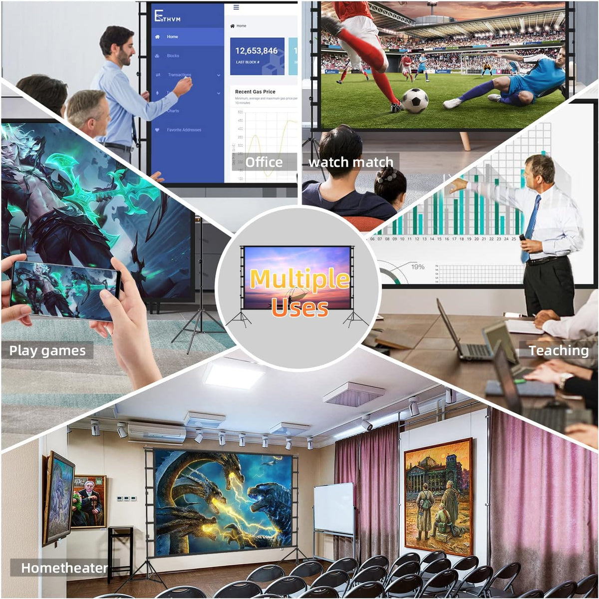 100 Inch Outdoor Projector Screen with One-Piece Telescopic Stand, Wrinkle-Resistant 4K HD Movie Screen for Backyard, Camping and Indoor Home Theater (Fits Long Throw Projectors)