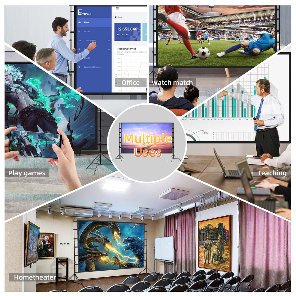 100 Inch Outdoor Projector Screen with One-Piece Telescopic Stand, Wrinkle-Resistant 4K HD Movie Screen for Backyard, Camping and Indoor Home Theater (Fits Long Throw Projectors)