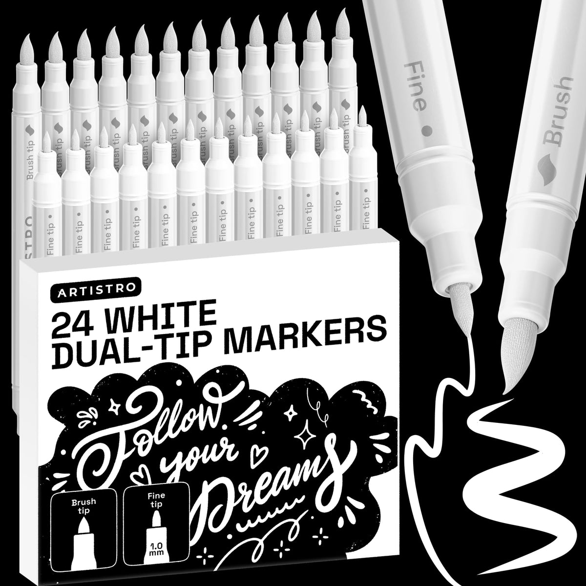 ARTISTRO Dual-Tip Acrylic Paint Markers – 1mm Fine & 1–5mm Brush Tip | ASTM D4236 Safe, Multi-Surface