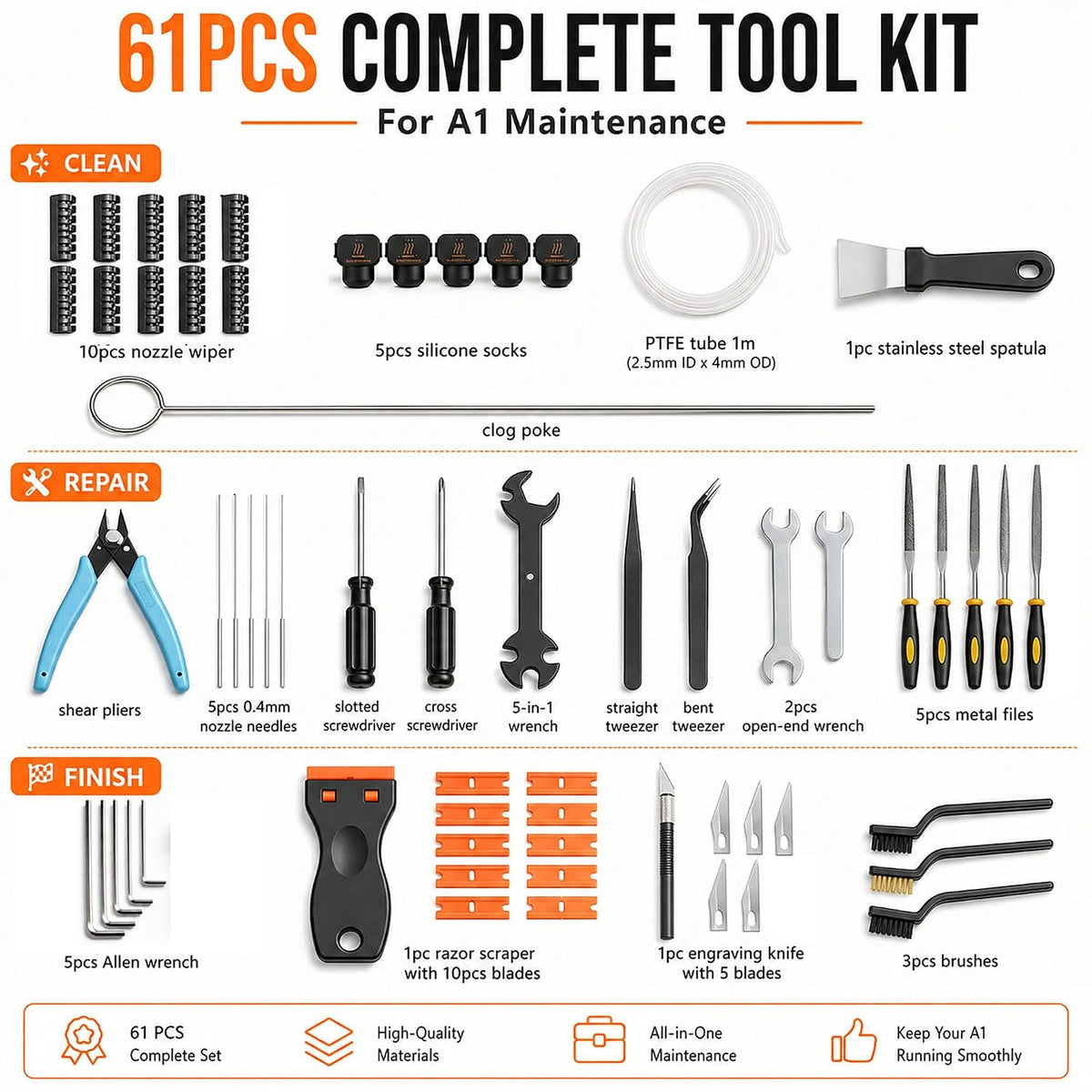 61-Piece 3D Printer Tool Kit for Bambu Lab A1/A1 Combo, Maintenance Set
