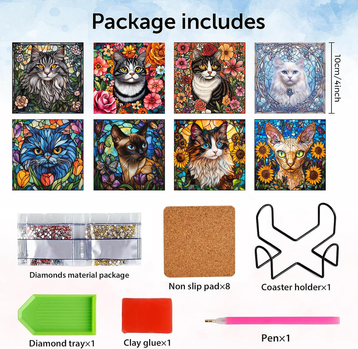 Puraikcmi 8PCs Diamond Paintings Coasters Kits Set, Funny Cat Diamond Art Coasters with Holder, DIY Crafts Diamond Art Kits Adult Craft Diamond Dots Gift