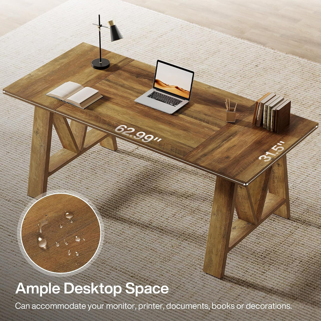 Tribesigns: 63" Farmhouse Executive Desk with A-Frame Legs (Brown)