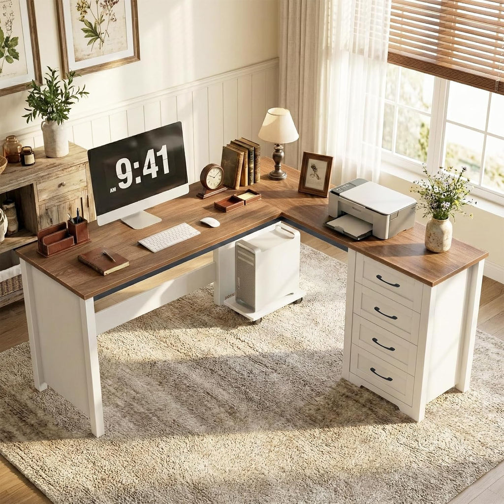 Vabches: 61" Farmhouse L-Shaped Student Study Desk with Drawers & Mobile CPU Mount