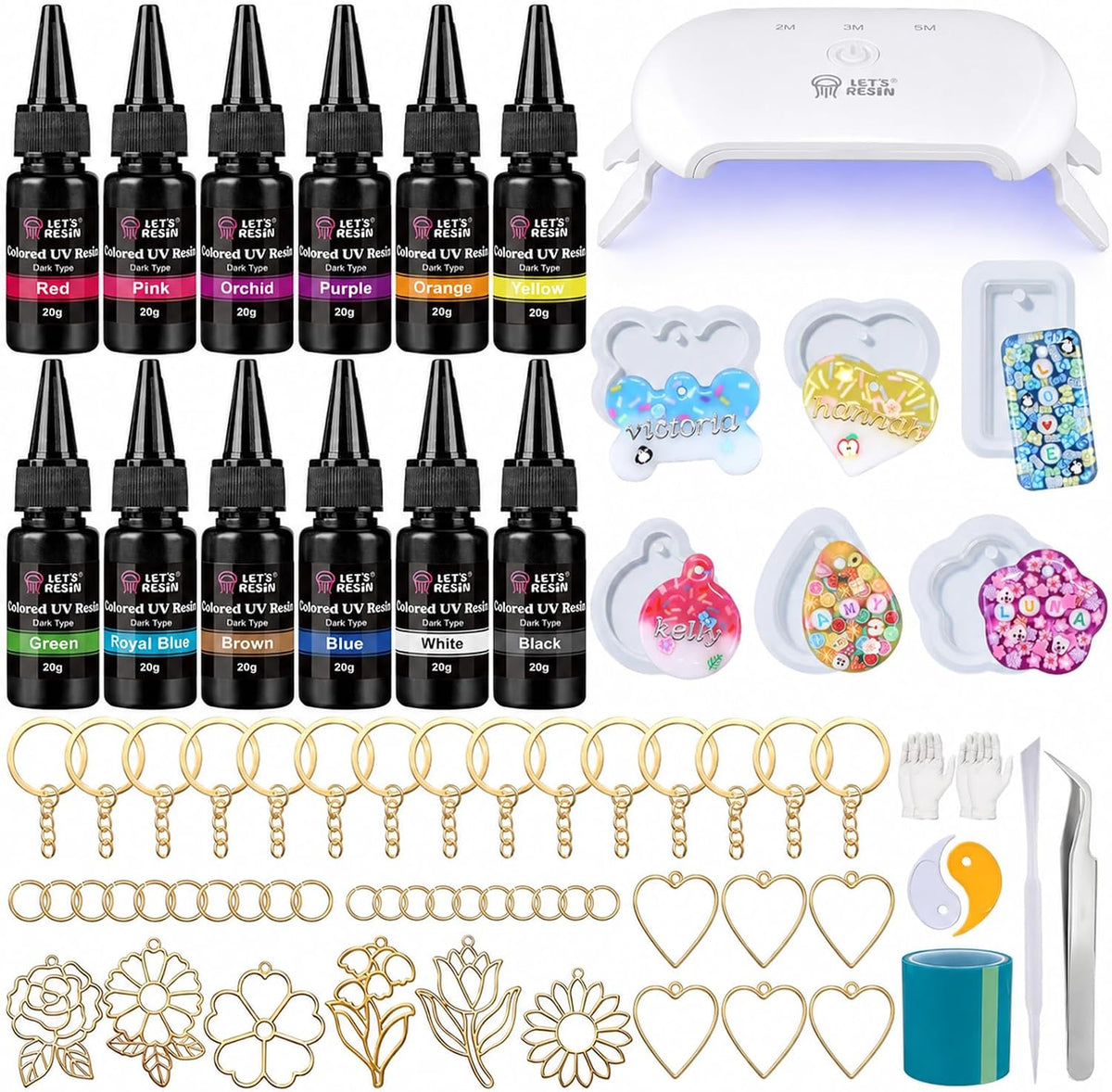 LET'S RESIN 12-Color UV Resin, 73Pcs Keychain Making Kit for Beginners