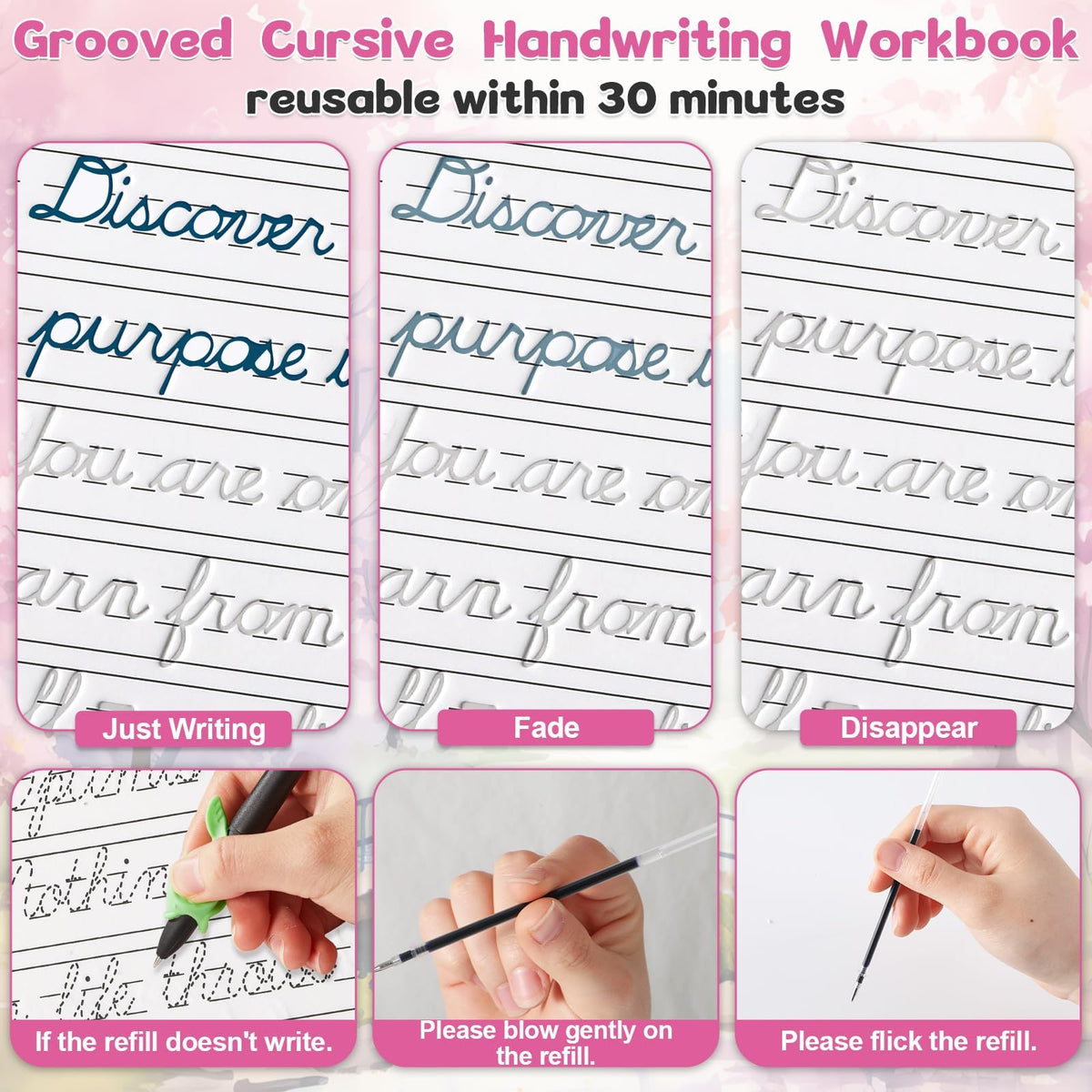Grooved Cursive Handwriting Workbook Magic Reusable Grooved Cursive Handwriting Practice Guided Tracing with Disappearing Ink Pens for Beginners Kids Learning Activities Supplies (Letters)