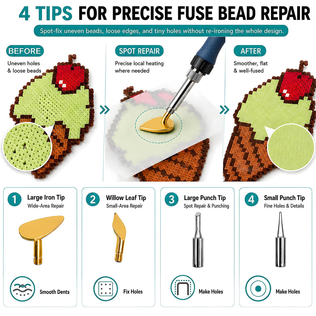 Fuse Bead Repair Iron, Mini Touch-Up Kit for Ironing Beads and Melty Beads, 90W Fast Heating with Precise Temperature Control and Auto Sleep, for Pegboards and DIY Crafts (Pink)
