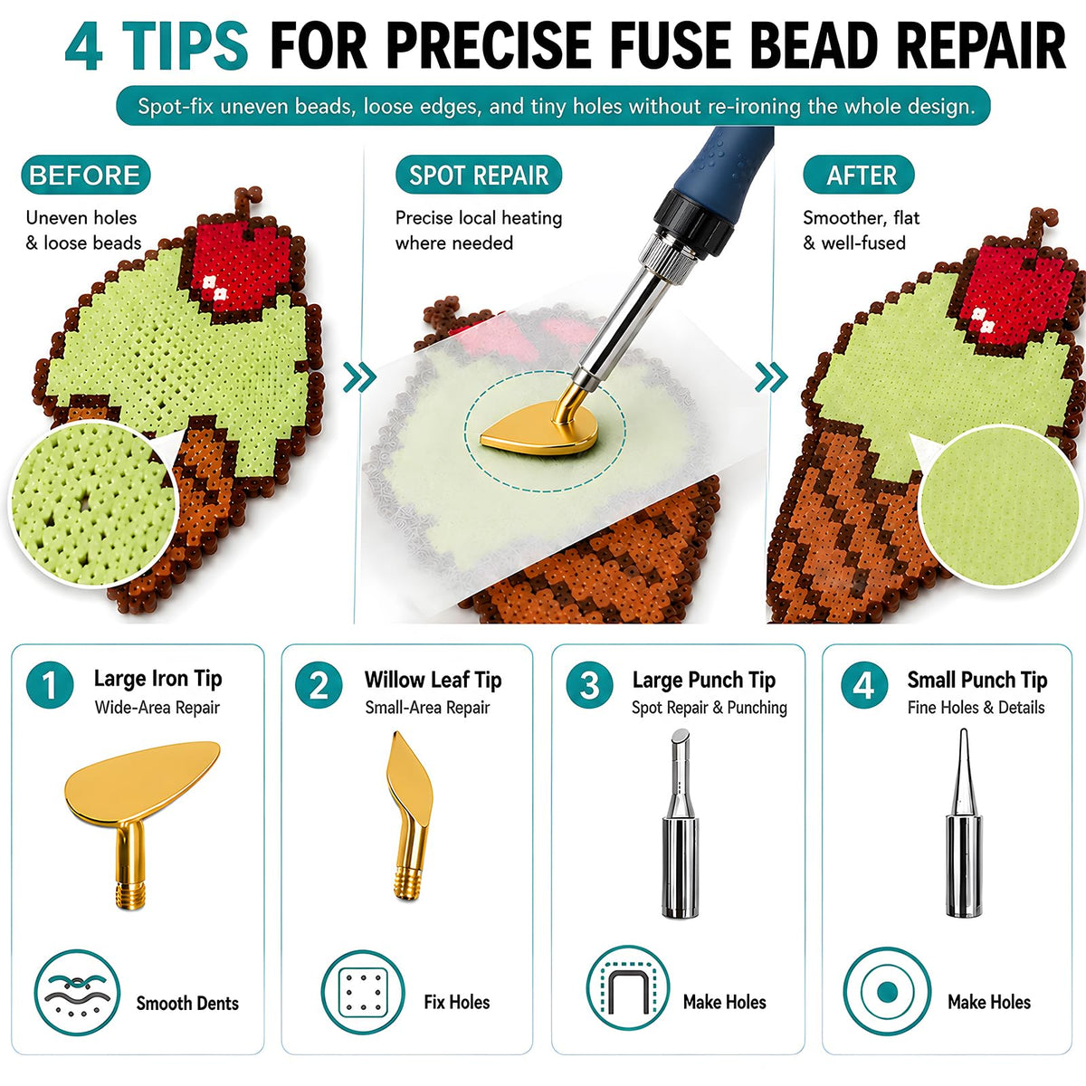 Fuse Bead Repair Iron, Mini Touch-Up Kit for Ironing Beads and Melty Beads, 90W Fast Heating with Precise Temperature Control and Auto Sleep, for Pegboards and DIY Crafts (Pink)