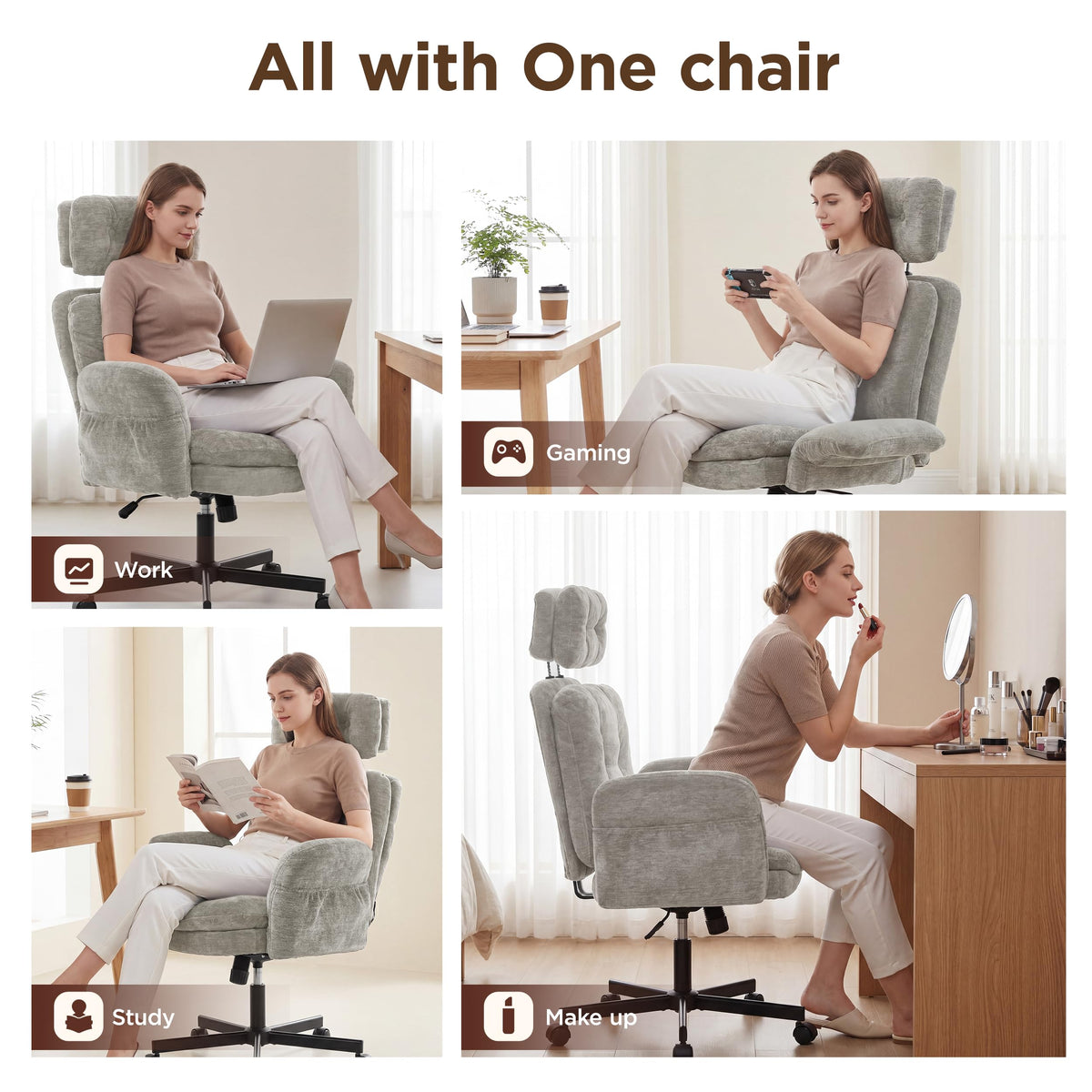 FiveWillowise Cross Legged Office Chair with Flip-up Arms&Hight Back,Grey