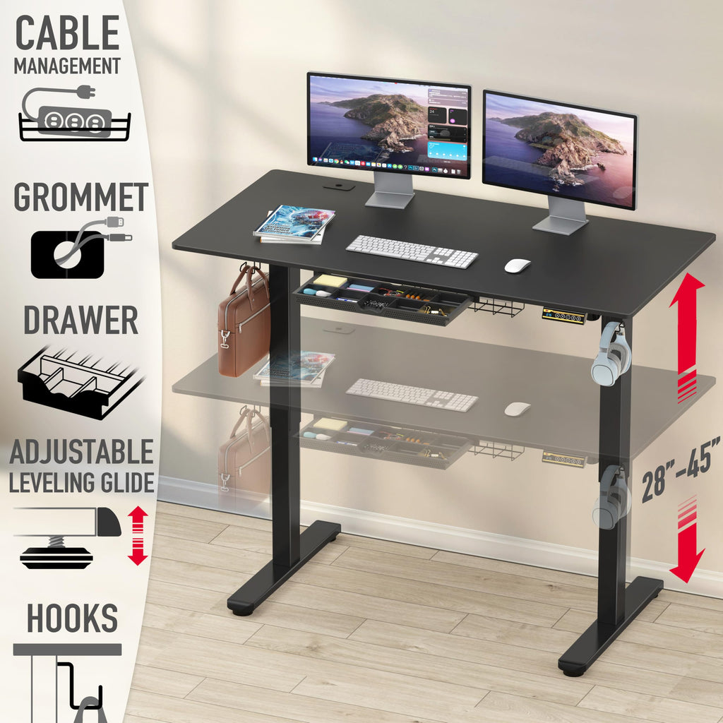 SHW 55 x 28 Electric Height Adjustable Standing Desk w/Drawer, White