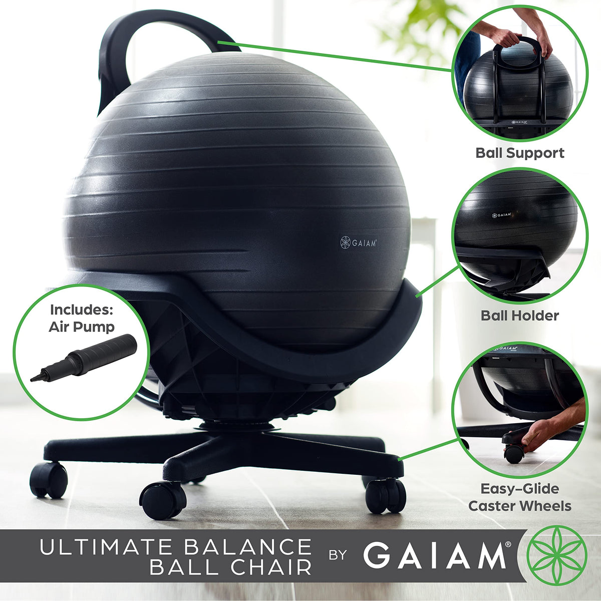 Gaiam Classic Balance Ball Chair – Ergonomic Stability Chair for Desk & Office | Yoga Ball Seat with Base, Air Pump, & Exercise Guide | Improves Posture & Core Strength (300 lb Capacity)