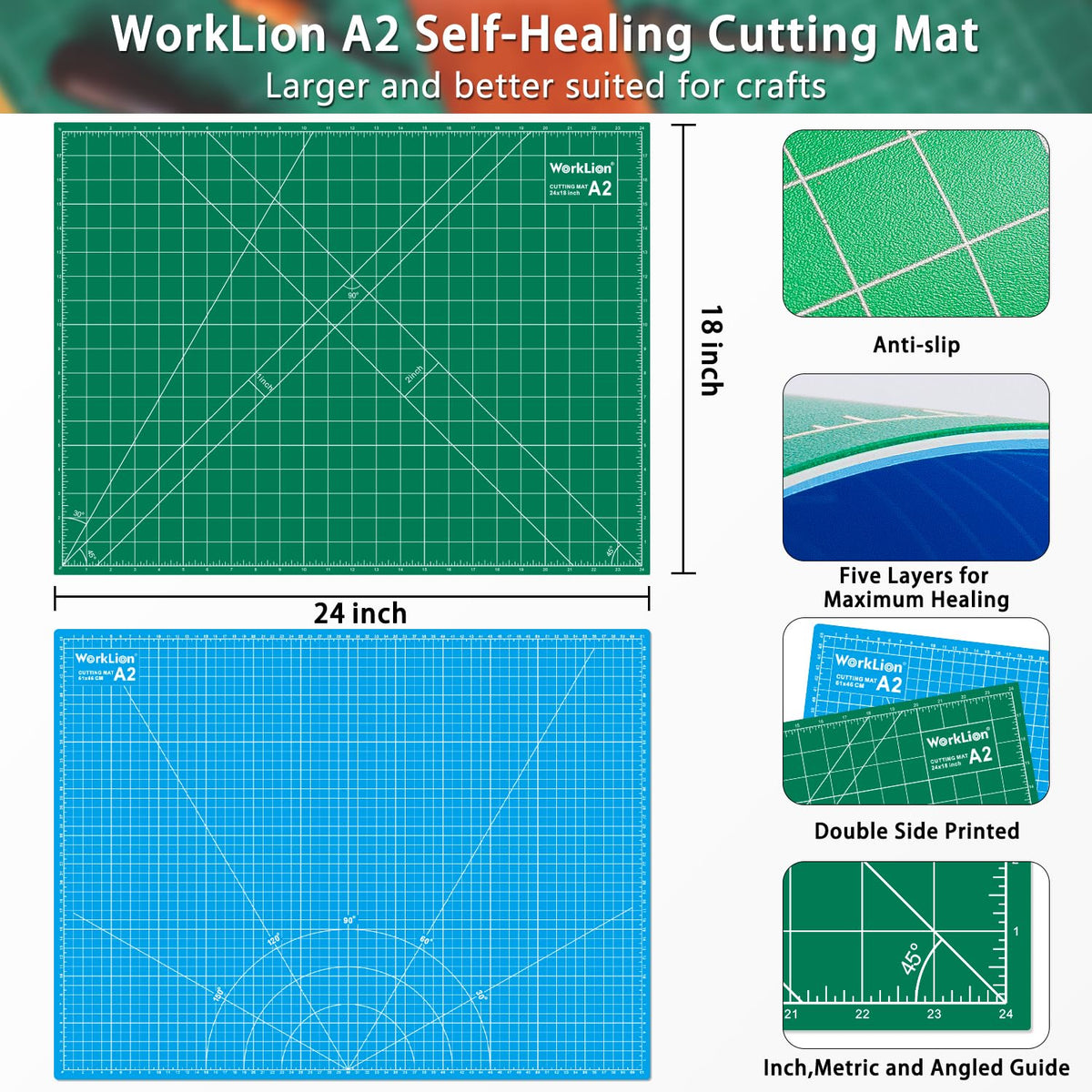 WORKLION 12" x 18" Art Self Healing PVC Cutting Mat, Double Sided, Gridded Rotary Cutting Board for Craft, Fabric, Quilting, Sewing, Scrapbooking Project……