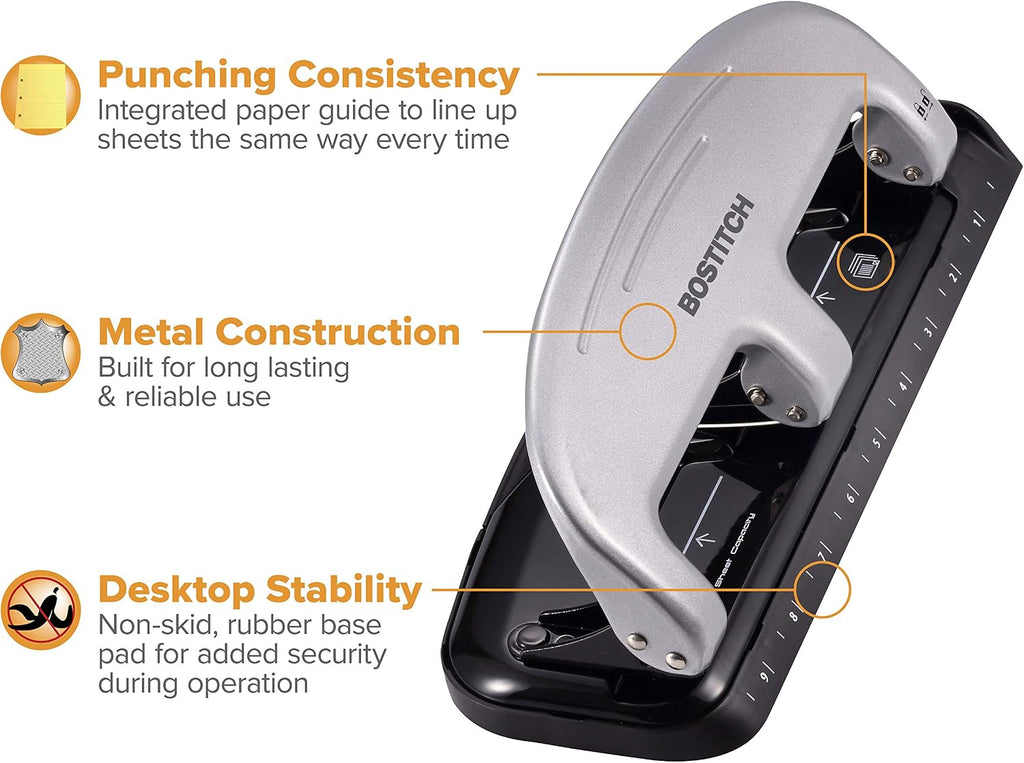 Bostitch EZ Squeeze 3-Hole Punch – 20-Sheet Capacity, No-Jam, Reduced Effort, Metal