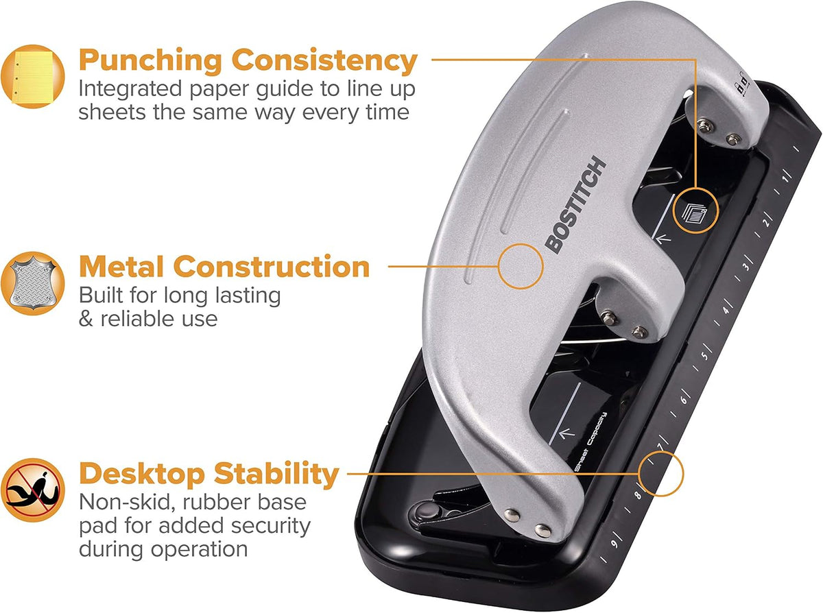 Bostitch EZ Squeeze 3-Hole Punch – 20-Sheet Capacity, No-Jam, Reduced Effort, Metal