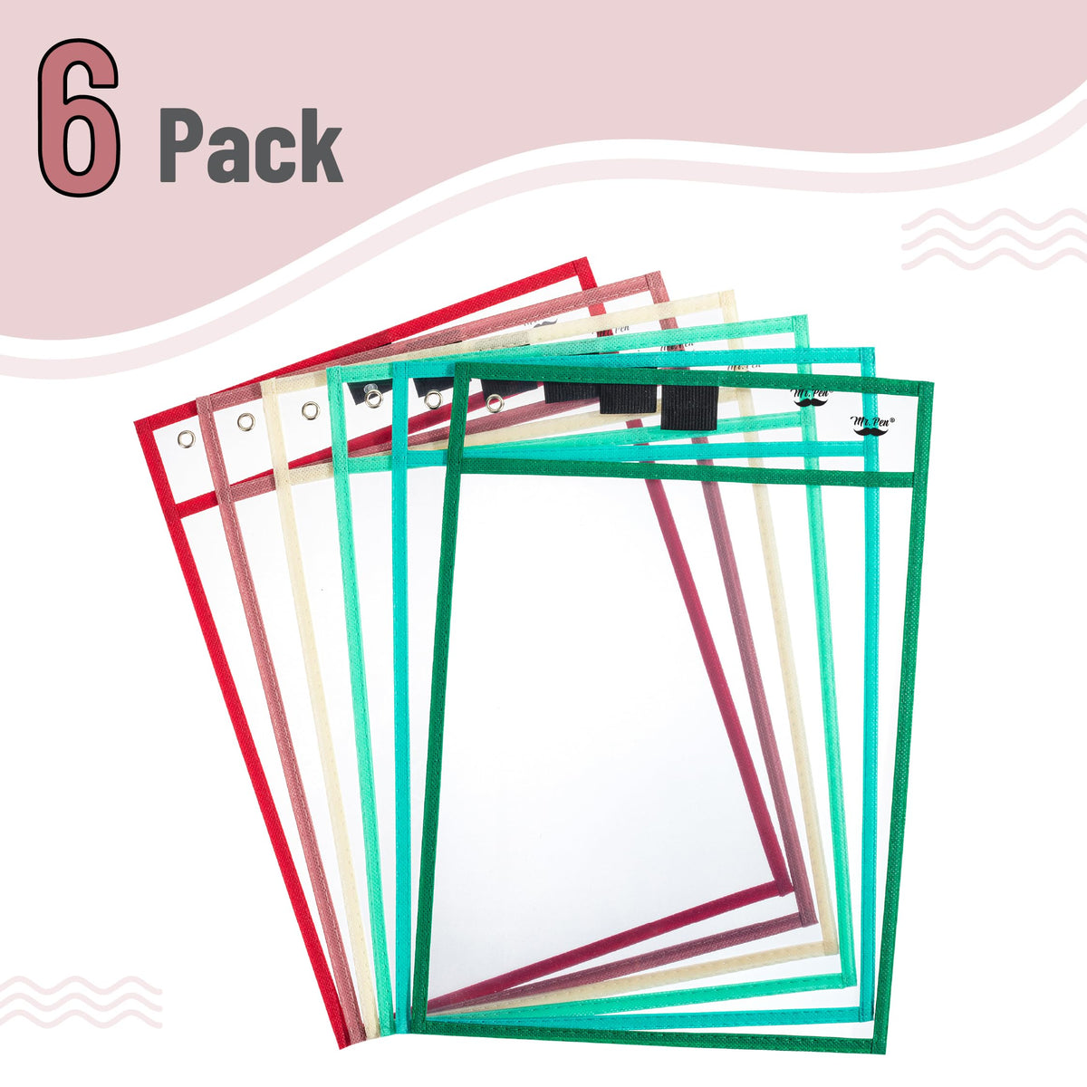 Mr. Pen- Reusable Dry Erase Pocket Sleeves, 10" x 14", 6 Pack, Colorful