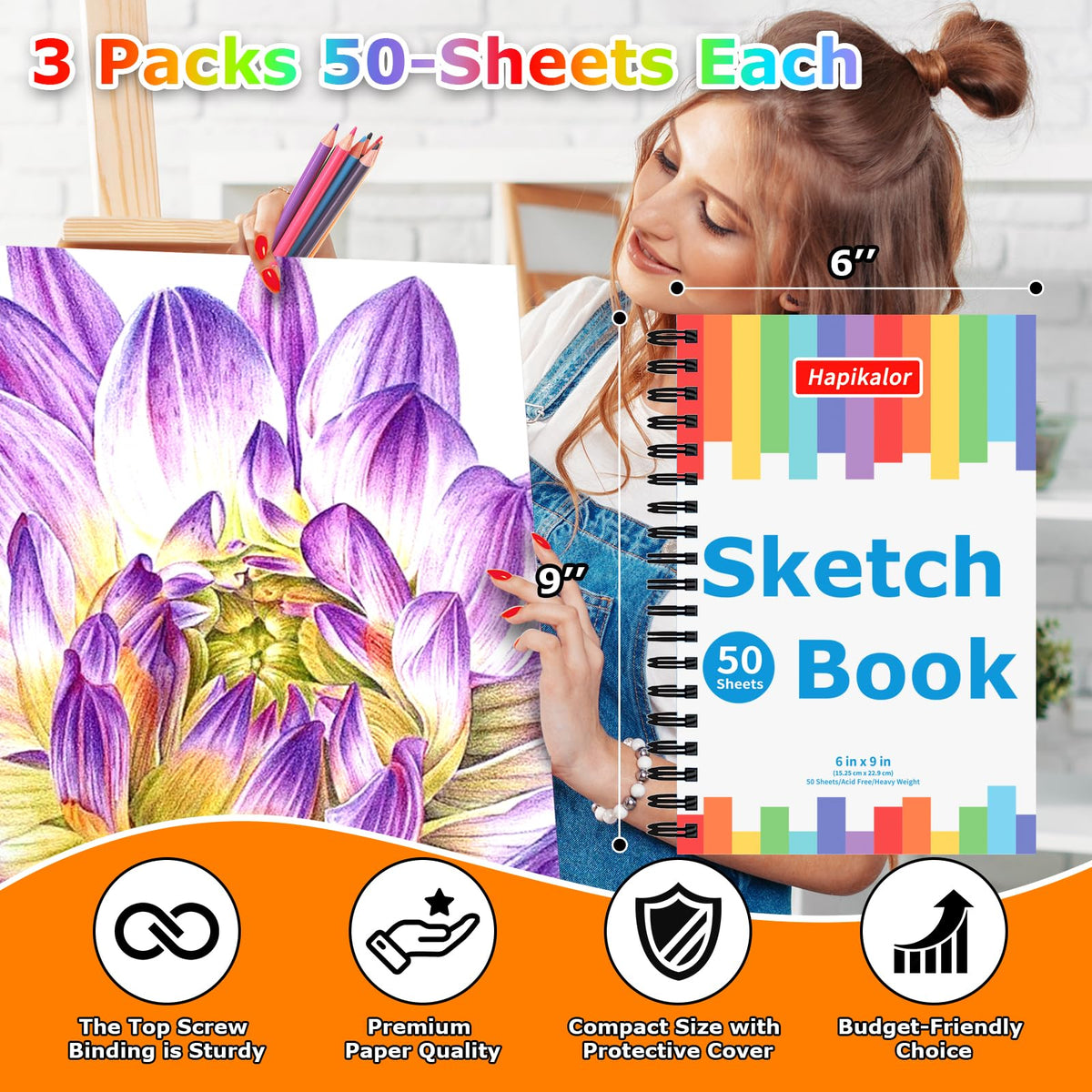 9" x 12" Sketch Book, 2-Pack 50 Sheets Spiral Bound Art Sketchbook Notebook