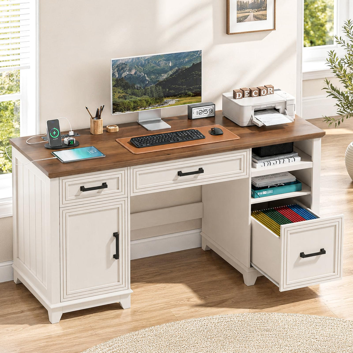 Vabches 51" Executive Desk Farmhouse Home Office Desk with Charging Station, LED Light, File Drawer, Storage Cabinet, Monitor Stand, Wood Computer Desk with Hutch for Work Study Writing (White)