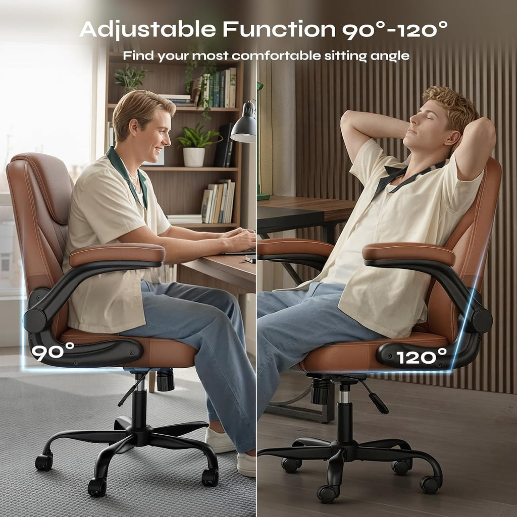 PU Leather Mid-Back Office Chair, Flip-Up Arms, 3.5" Dual-Layer Cushion