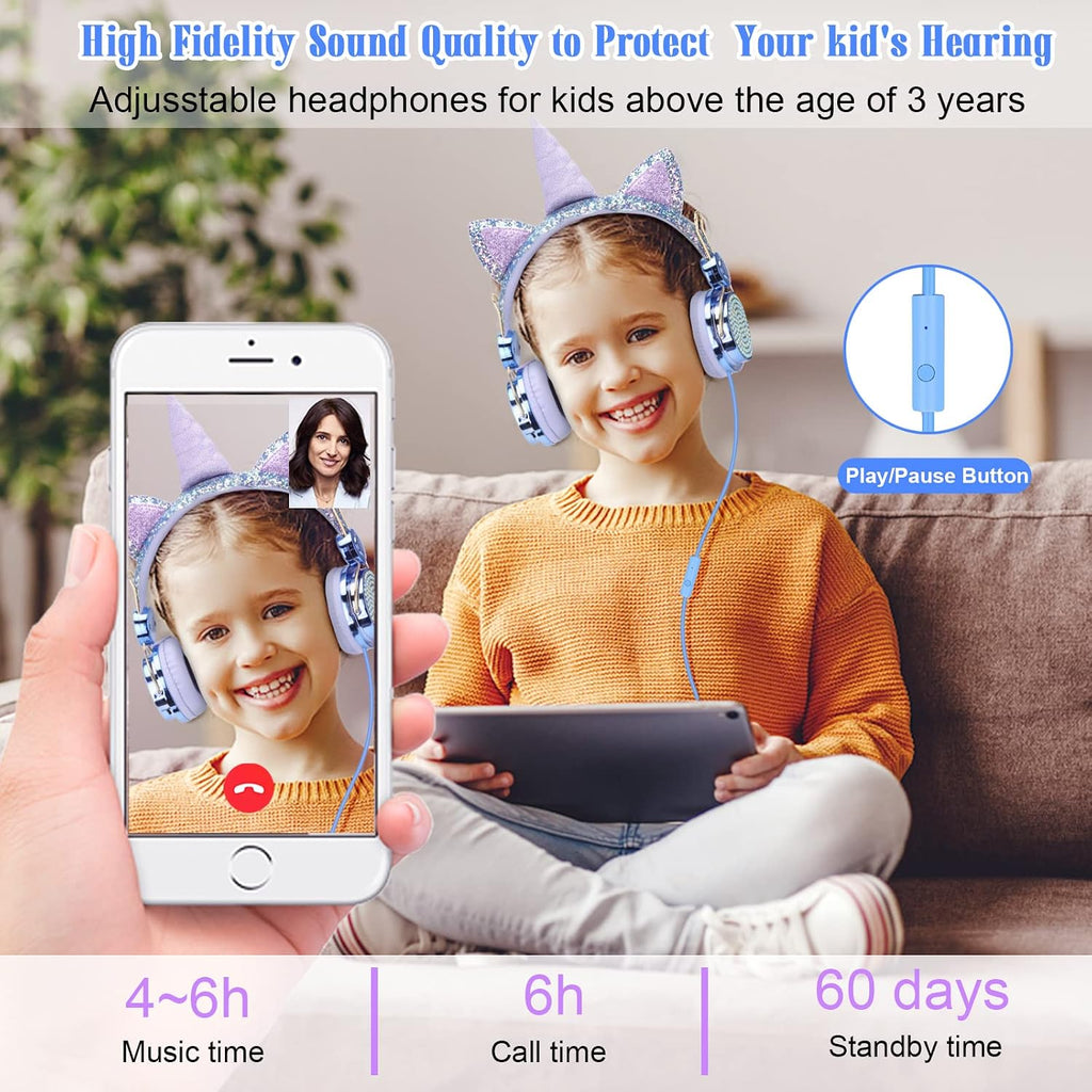 TCJJ Unicorn Kids Wired Headphones with Mic, 3.5mm Jack, On Ear
