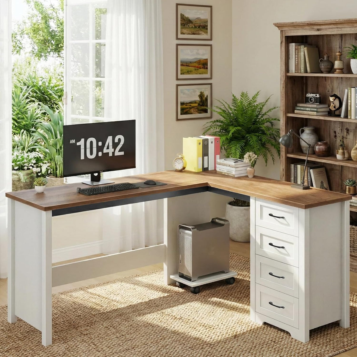 Vabches: 61" Farmhouse L-Shaped Student Study Desk with Drawers & Mobile CPU Mount