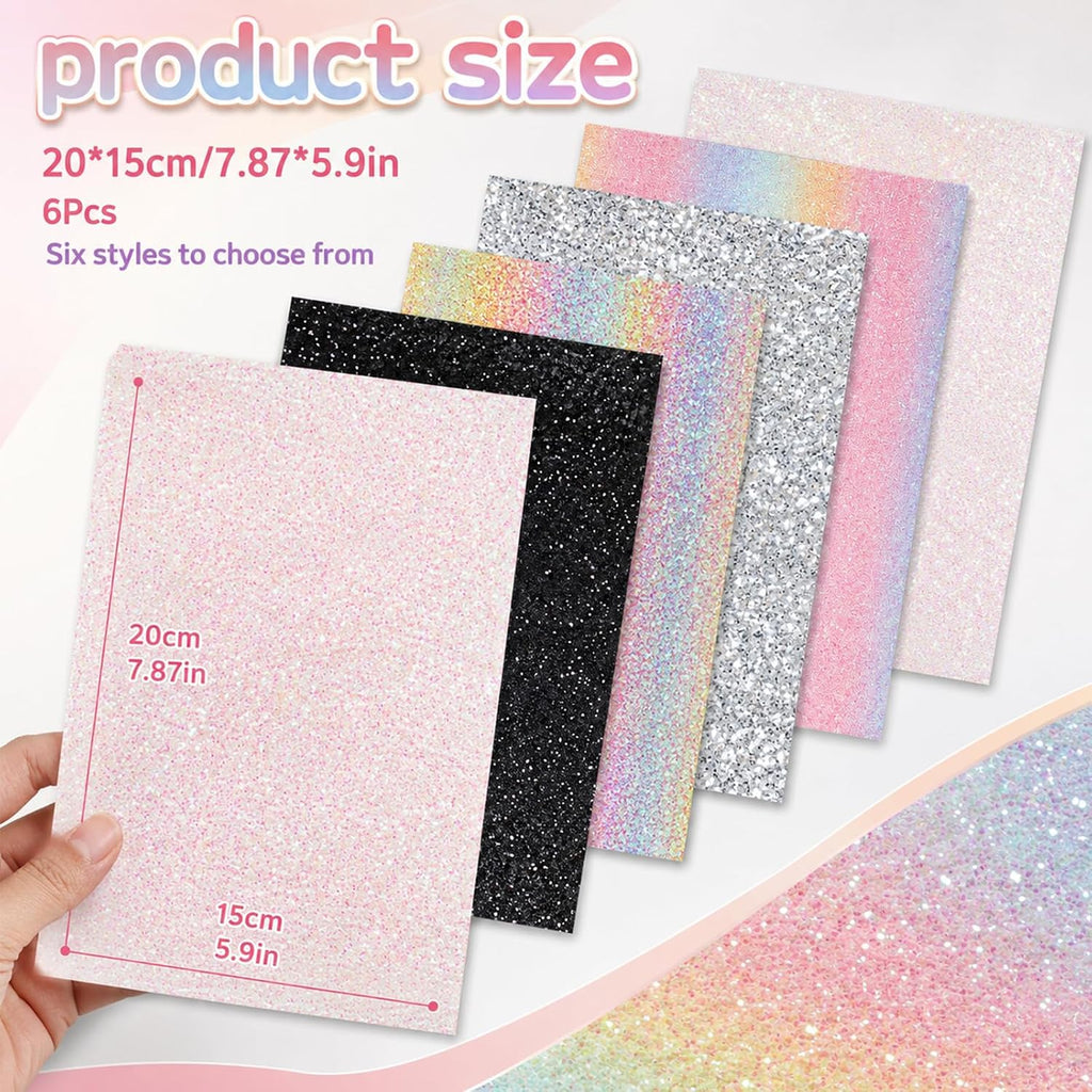 6PCS Fuse Beads Glitter Fabric Ironing Paper, 7.87 x 5.91 Inch Fuse Chunky Fabric Ironing Paper Reusable Chunky Sparkle IronPaper with PU Leather Easy to Iron Out Non-Porous for Bead Craft