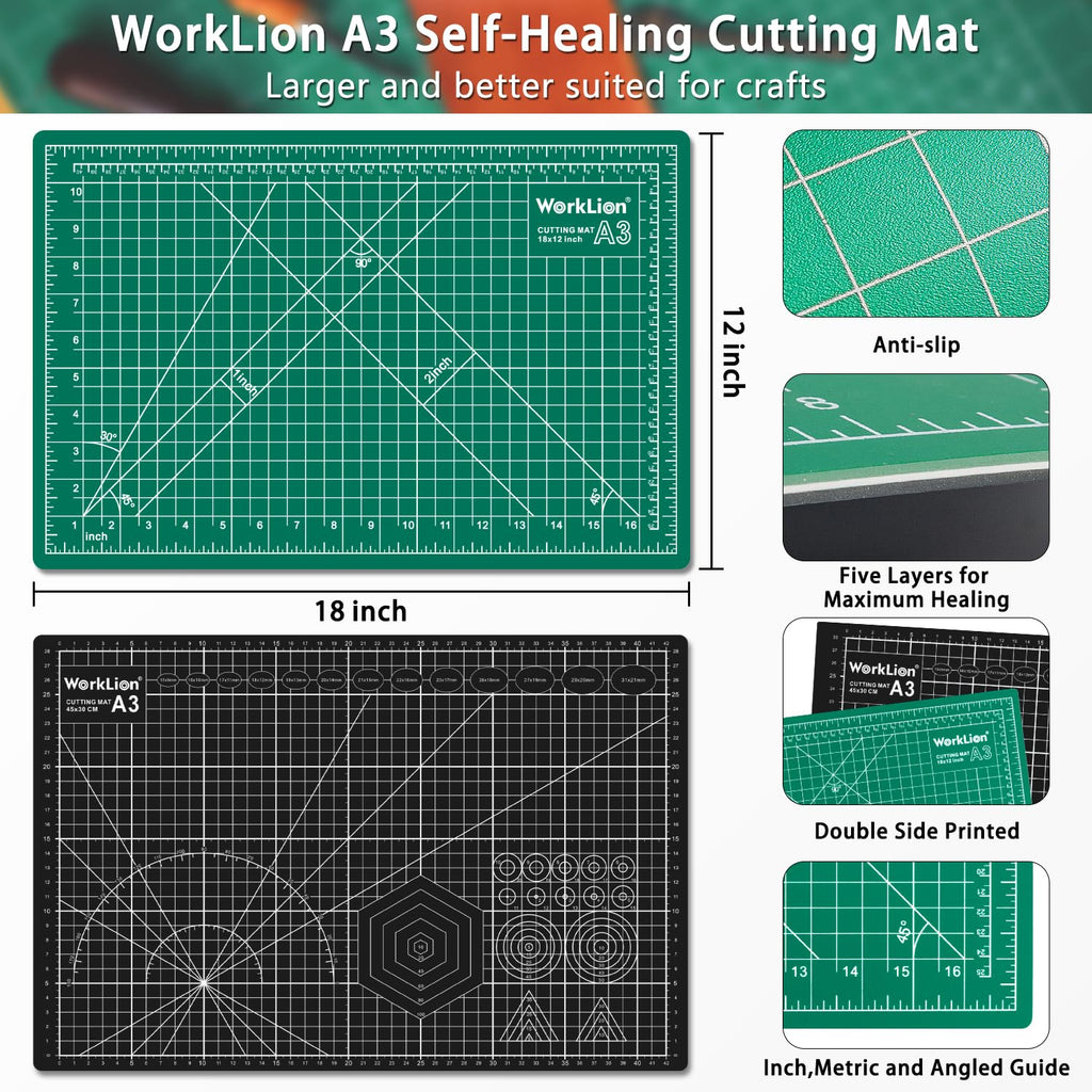 WORKLION 12" x 18" Art Self Healing PVC Cutting Mat, Double Sided, Gridded Rotary Cutting Board for Craft, Fabric, Quilting, Sewing, Scrapbooking Project……