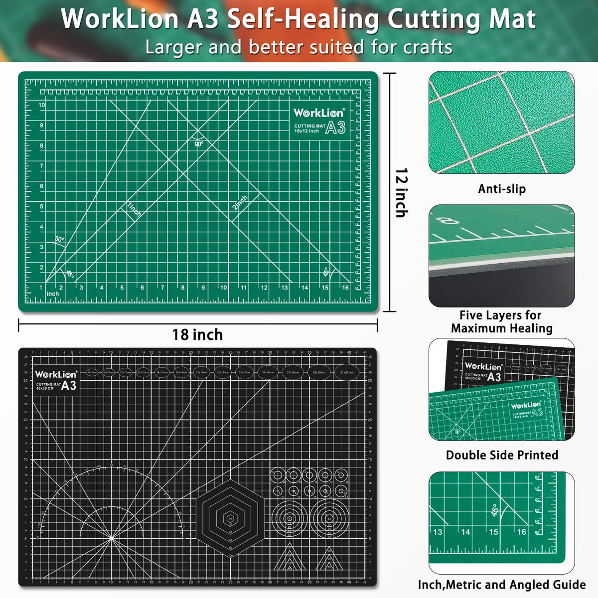 WORKLION 12" x 18" Art Self Healing PVC Cutting Mat, Double Sided, Gridded Rotary Cutting Board for Craft, Fabric, Quilting, Sewing, Scrapbooking Project……