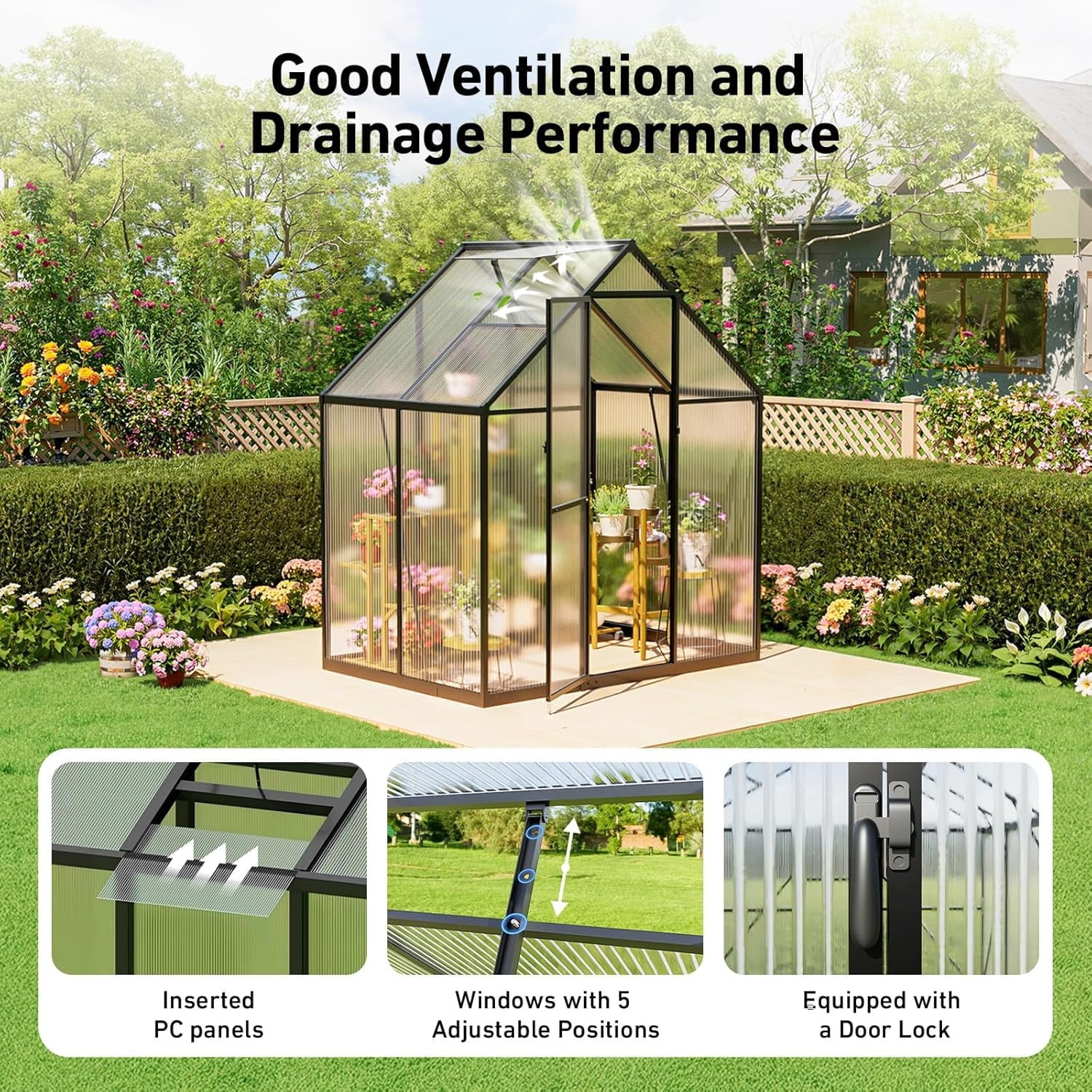 Sylviera 6x4ft Outdoor Walk-in Greenhouse, Heavy-Duty Polycarbonate Gr