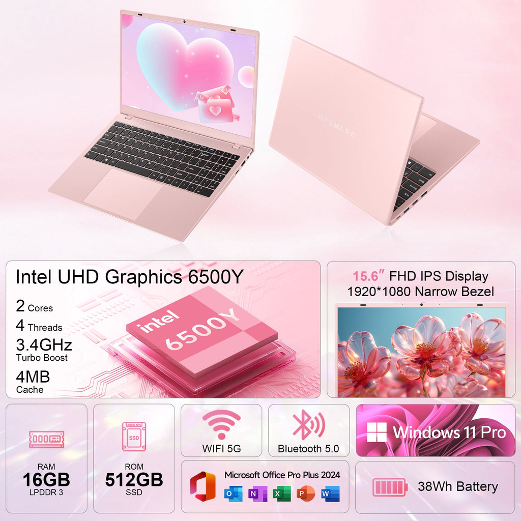 HPUMLSE 15.6" Pink Laptop Computer, 16GB RAM 512GB SSD, Intel Pentium