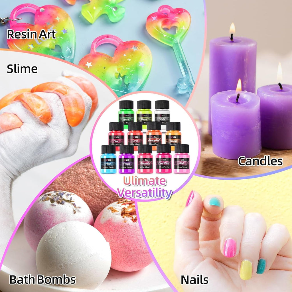 LET'S RESIN 12-Color Neon Fluorescent Mica Powder for Epoxy Resin, Cra