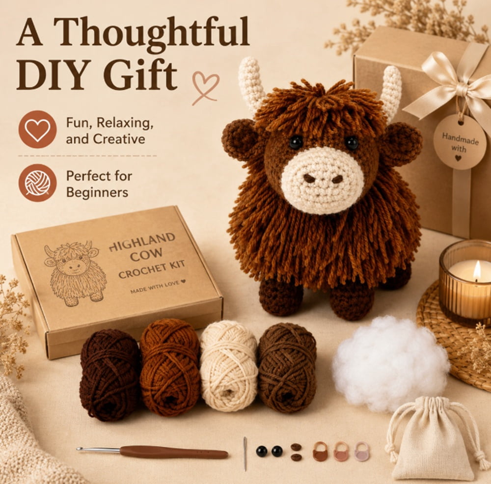 Highland Cow Crochet Kit for Beginners, Crochet Animal Starter Kit wit