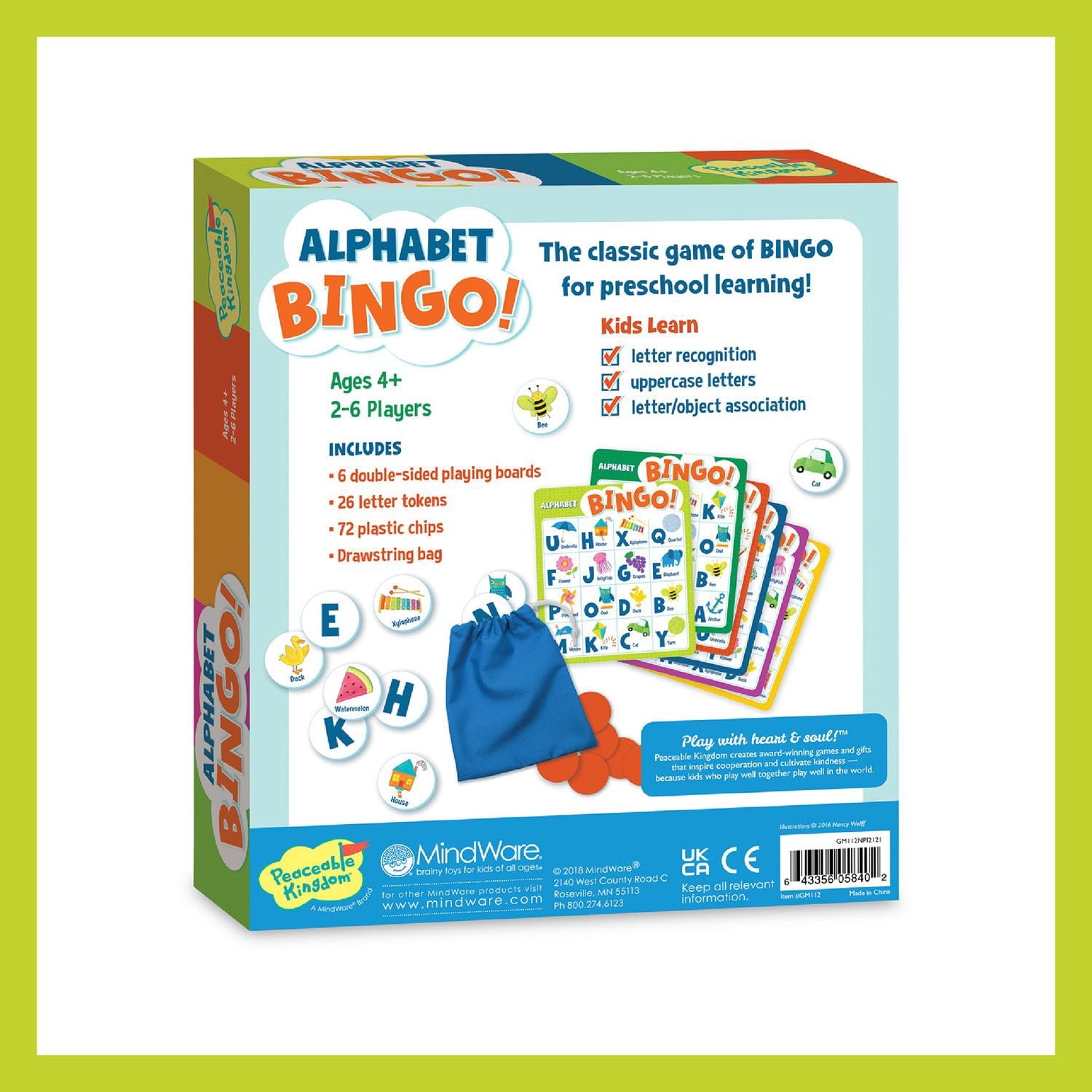 Peaceable Kingdom Alphabet Bingo! Letter Learning Educational Board Ga