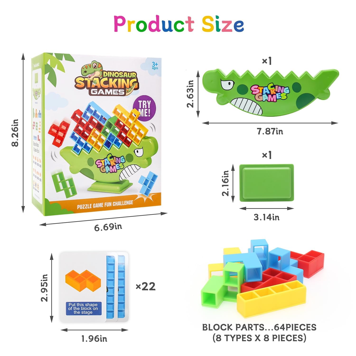 HBK Dinosaur Stacking Tower Game with 64 Blocks, 2-4 Player Family Boa