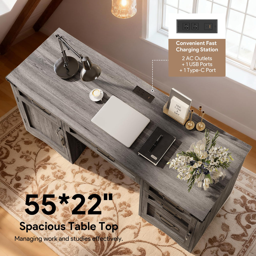 Decofy 67" Farmhouse L Shaped Standing Desk with Drawers Home Office Executive Desks with Fast Charging Station, Lockable File Cabinet, Wood Writing Computer Desk for Work, Study, White