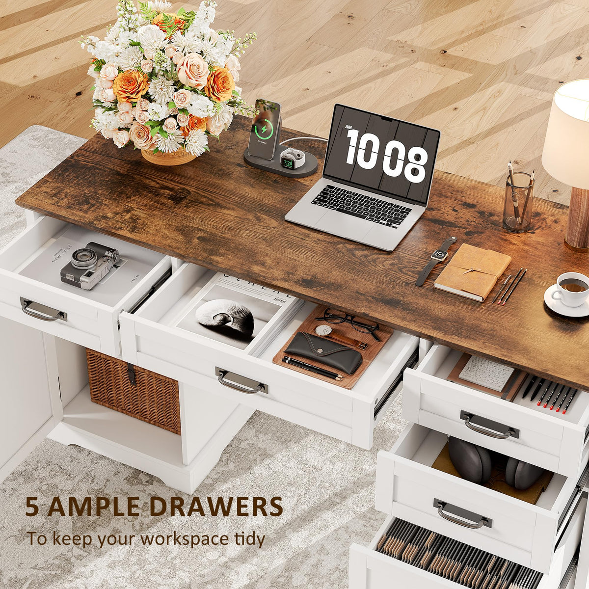 Whalefall: 55" Farmhouse Executive Desk with Drawers & Charging Station